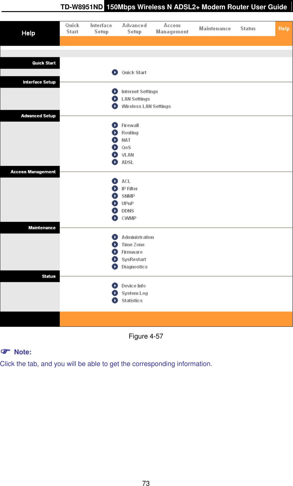 TD-W8951ND 150Mbps Wireless N ADSL2+ Modem Router User Guide  73  Figure 4-57  Note: Click the tab, and you will be able to get the corresponding information. 