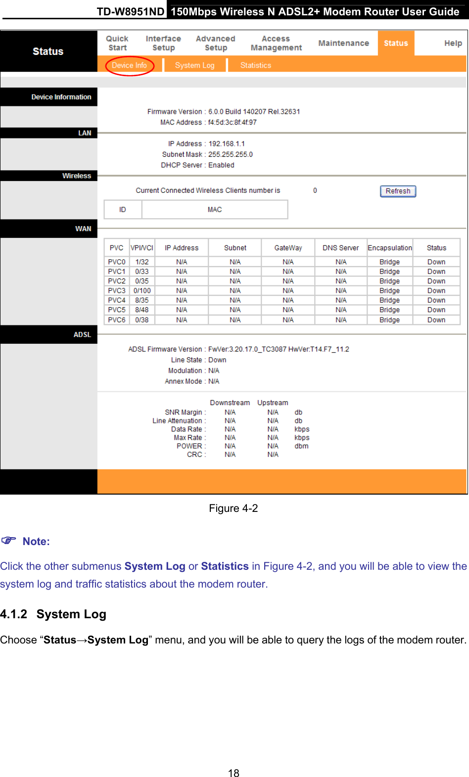 TD-W8951ND  150Mbps Wireless N ADSL2+ Modem Router User Guide  Figure 4-2  Note: Click the other submenus System Log or Statistics in Figure 4-2, and you will be able to view the system log and traffic statistics about the modem router. 4.1.2  System Log Choose “Status→System Log” menu, and you will be able to query the logs of the modem router. 18 