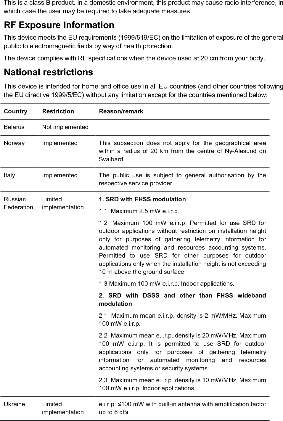   ATTENTION: Due to EU law, the country settings must be identical to the country where the device is operating (important due to non-harmonised frequencies in the EU). Warning: This equipment will be inoperable when mains power fails. Canadian Compliance Statement This device complies with Industry Canada license-exempt RSSs. Operation is subject to the following two conditions: (1) This device may not cause interference, and (2) This device must accept any interference, including interference that may cause undesired operation of the device. Le présent appareil est conforme aux CNR d’Industrie Canada applicables aux appareils radio exempts de licence. L’exploitation est autorisée aux deux conditions suivantes : (1) l’appareil ne doit pas produire de brouillage; (2) l’utilisateur de l’appareil doit accepter tout brouillage radioélectrique subi, meme si le brouillage est susceptible d’en compromettre le fonctionnement. Radiation Exposure Statement: This equipment complies with IC radiation exposure limits set forth for an uncontrolled environment. This equipment should be installed and operated with minimum distance 20cm between the radiator &amp; your body. Déclaration d&apos;exposition aux radiations:   Cet équipement est conforme aux limites d&apos;exposition aux rayonnements IC établies pour un environnement non contrôlé. Cet équipement doit être installé et utilisé avec un minimum de 20 cm de distance entre la source de rayonnement et votre corps. Industry Canada Statement CAN ICES-3 (B)/NMB-3(B) Korea Warning Statements 당해 무선설비는 운용중 전파혼신 가능성이 있음. NCC Notice 注意！   依據 低功率電波輻射性電機管理辦法 第十二條 經型式認證合格之低功率射頻電機，非經許可，公司、商號或使用者均不得擅自變更頻率、加大功率或變更原設計之特性或功能。 第十四條 低功率射頻電機之使用不得影響飛航安全及干擾合法通行；經發現有干擾現象時，應立即停用，並改善至無干擾時方得繼續使用。前項合法通信，指依電信規定作業之無線電信。低功率射頻電機需忍受合法通信或工業、科學以及醫療用電波輻射性電機設備之干擾。 減少電磁波影響，請妥適使用。 BSMI Notice 安全諮詢及注意事項 