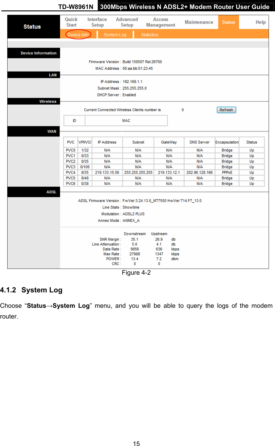 TD-W8961N  300Mbps Wireless N ADSL2+ Modem Router User Guide 15    Figure 4-2 4.1.2  System Log Choose “Status→System Log” menu, and you will be able to query the logs of the modem router. 