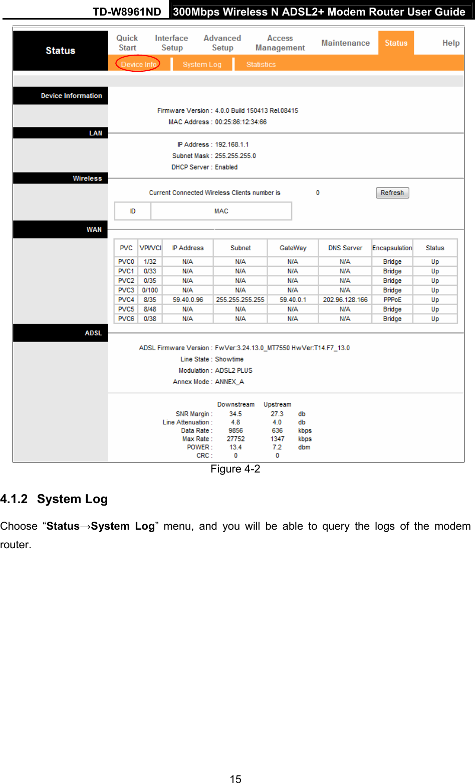 TD-W8961ND  300Mbps Wireless N ADSL2+ Modem Router User Guide  15   Figure 4-2 4.1.2  System Log Choose “Status→System Log” menu, and you will be able to query the logs of the modem router. 