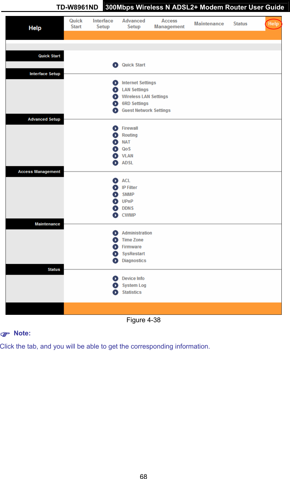 TD-W8961ND  300Mbps Wireless N ADSL2+ Modem Router User Guide  68 Figure 4-38  Note: Click the tab, and you will be able to get the corresponding information. 