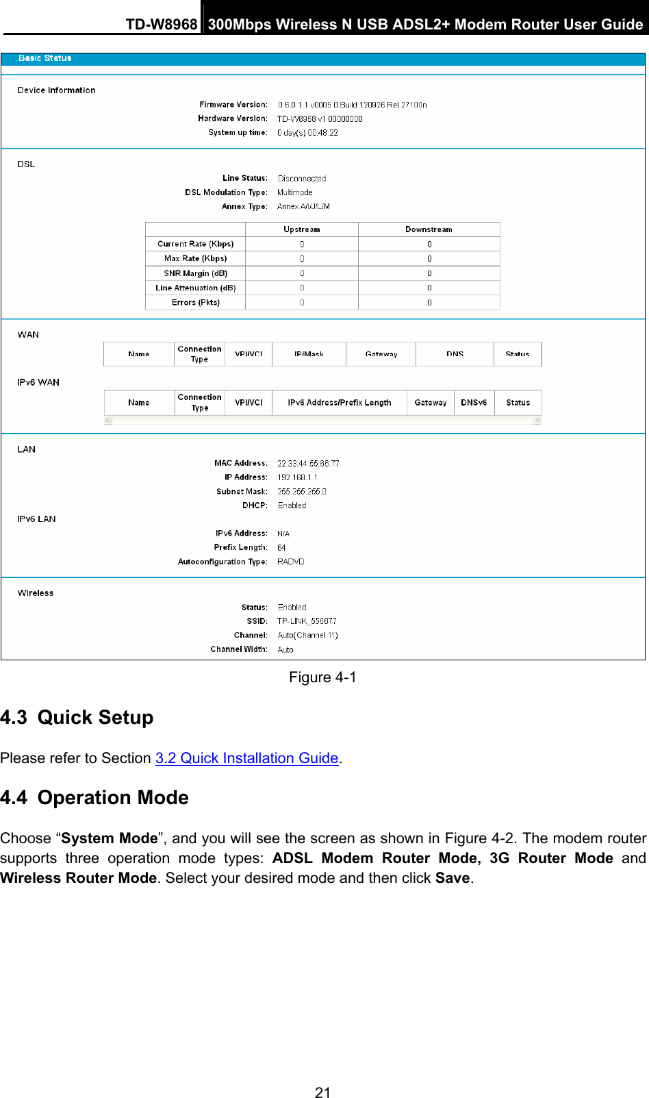 TD-W8968  300Mbps Wireless N USB ADSL2+ Modem Router User Guide 21  Figure 4-1 4.3  Quick Setup Please refer to Section 3.2 Quick Installation Guide. 4.4  Operation Mode Choose “System Mode”, and you will see the screen as shown in Figure 4-2. The modem router supports three operation mode types: ADSL Modem Router Mode, 3G Router Mode and Wireless Router Mode. Select your desired mode and then click Save. 