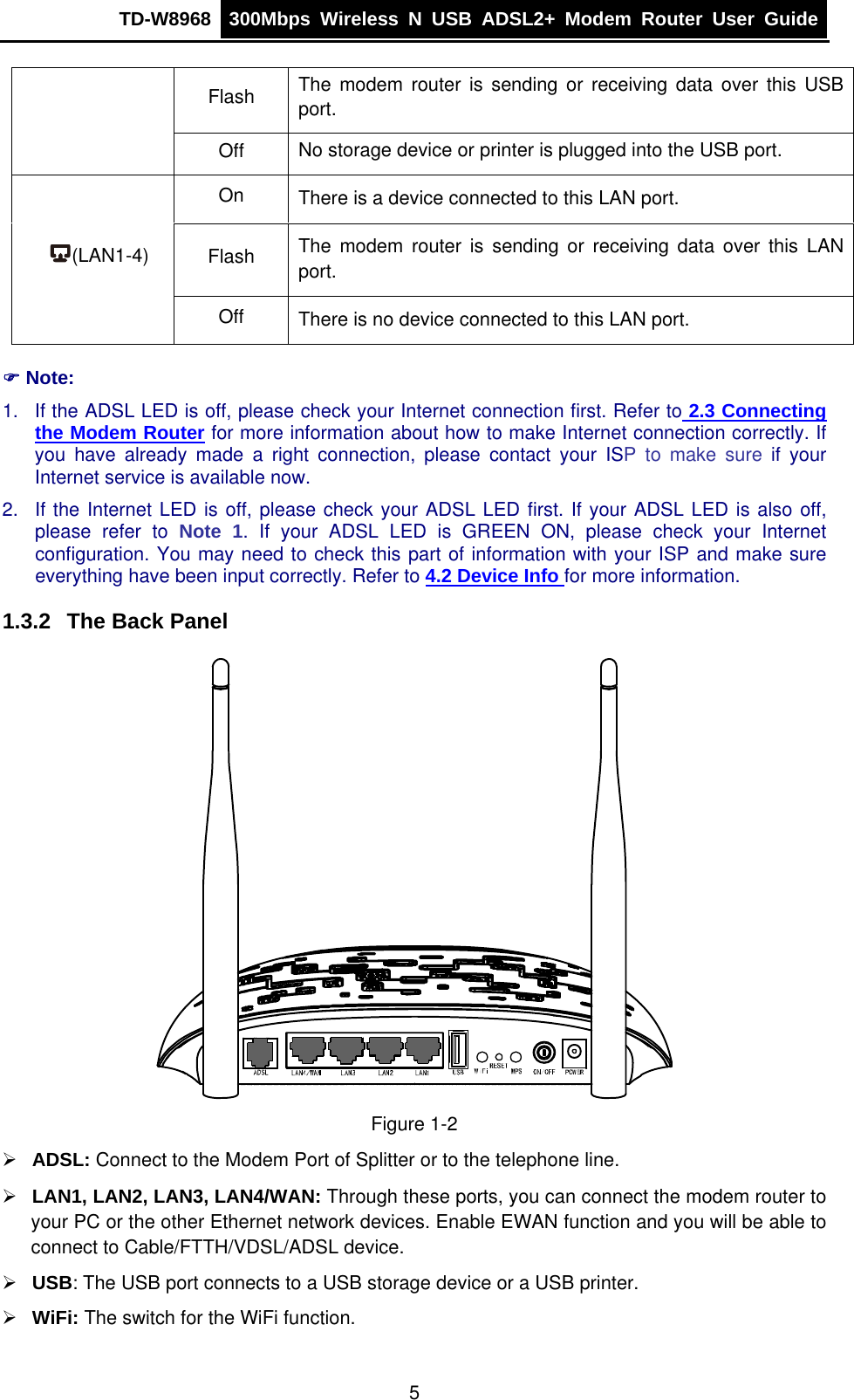 TD-W8968  300Mbps Wireless N USB ADSL2+ Modem Router User Guide  Flash  The modem router is sending or receiving data over this USB port. Off  No storage device or printer is plugged into the USB port. On There is a device connected to this LAN port. Flash The modem router is sending or receiving data over this LAN port. (LAN1-4) Off There is no device connected to this LAN port. ) Note: 1.  If the ADSL LED is off, please check your Internet connection first. Refer to 2.3 Connecting the Modem Router for more information about how to make Internet connection correctly. If you have already made a right connection, please contact your ISP to make sure if your Internet service is available now. 2.  If the Internet LED is off, please check your ADSL LED first. If your ADSL LED is also off, please refer to Note 1. If your ADSL LED is GREEN ON, please check your Internet configuration. You may need to check this part of information with your ISP and make sure everything have been input correctly. Refer to 4.2 Device Info for more information. 1.3.2  The Back Panel  Figure 1-2 ¾ ADSL: Connect to the Modem Port of Splitter or to the telephone line. ¾ LAN1, LAN2, LAN3, LAN4/WAN: Through these ports, you can connect the modem router to your PC or the other Ethernet network devices. Enable EWAN function and you will be able to connect to Cable/FTTH/VDSL/ADSL device. ¾ USB: The USB port connects to a USB storage device or a USB printer. ¾ WiFi: The switch for the WiFi function. 5 