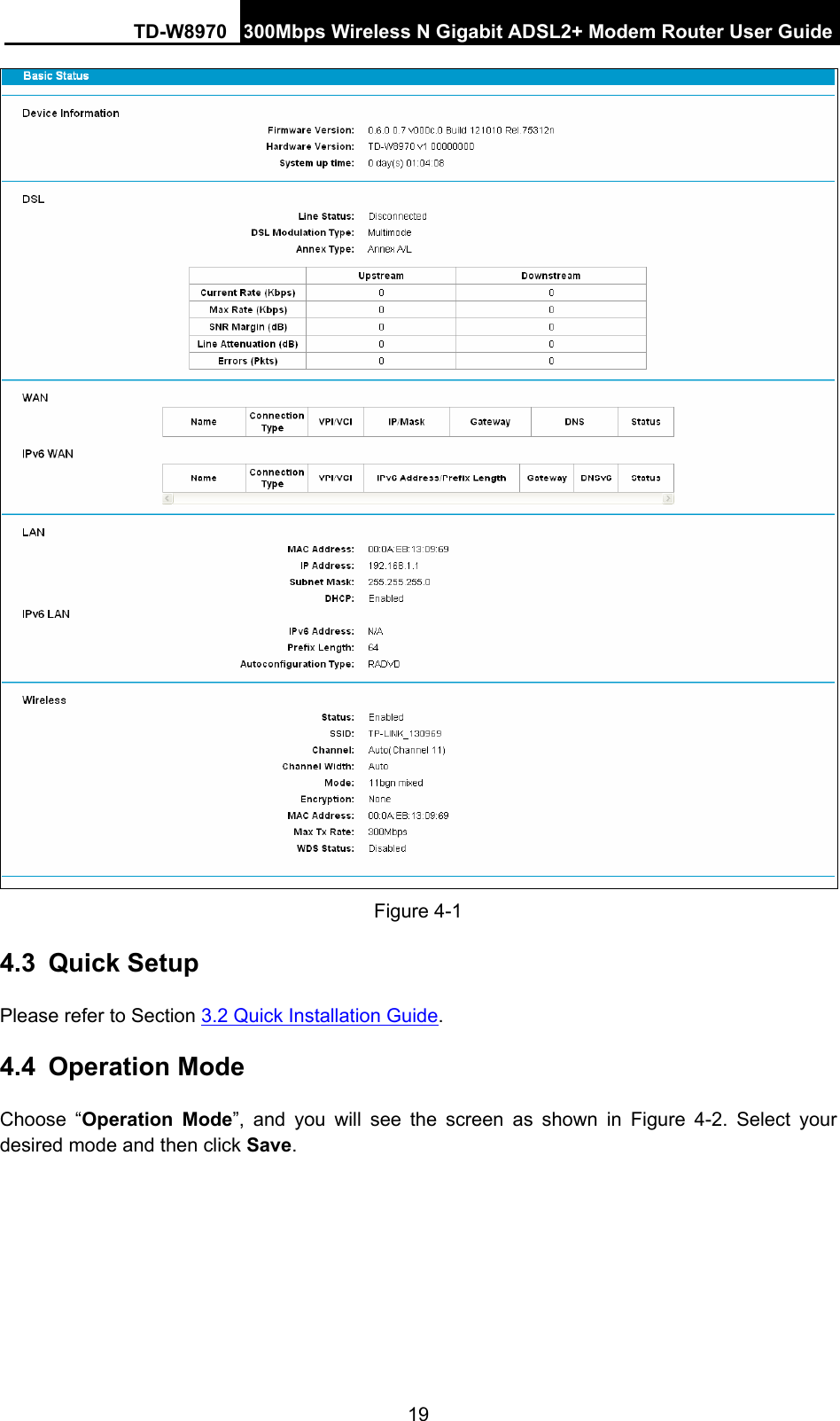 TD-W8970 300Mbps Wireless N Gigabit ADSL2+ Modem Router User Guide 19  Figure 4-1 4.3  Quick Setup Please refer to Section 3.2 Quick Installation Guide. 4.4  Operation Mode Choose “Operation Mode”, and you will see the screen as shown in Figure 4-2. Select your desired mode and then click Save. 