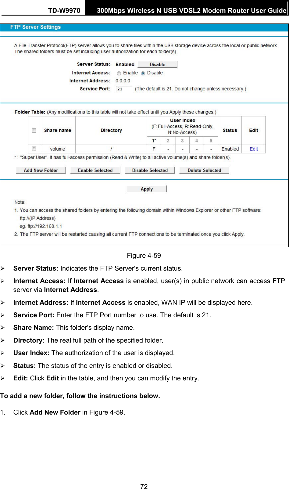 TD-W9970 300Mbps Wireless N USB VDSL2 Modem Router User Guide   Figure 4-59  Server Status: Indicates the FTP Server&apos;s current status.  Internet Access: If Internet Access is enabled, user(s) in public network can access FTP server via Internet Address.  Internet Address: If Internet Access is enabled, WAN IP will be displayed here.    Service Port: Enter the FTP Port number to use. The default is 21.    Share Name: This folder&apos;s display name.   Directory: The real full path of the specified folder.  User Index: The authorization of the user is displayed.    Status: The status of the entry is enabled or disabled.  Edit: Click Edit in the table, and then you can modify the entry.     To add a new folder, follow the instructions below. 1. Click Add New Folder in Figure 4-59. 72 