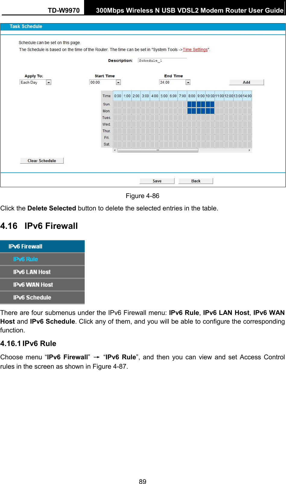 TD-W9970 300Mbps Wireless N USB VDSL2 Modem Router User Guide   Figure 4-86 Click the Delete Selected button to delete the selected entries in the table. 4.16 IPv6 Firewall  There are four submenus under the IPv6 Firewall menu: IPv6 Rule, IPv6 LAN Host, IPv6 WAN Host and IPv6 Schedule. Click any of them, and you will be able to configure the corresponding function. 4.16.1 IPv6 Rule Choose menu “IPv6  Firewall” → “IPv6 Rule”,  and then you can view and set Access Control rules in the screen as shown in Figure 4-87. 89 