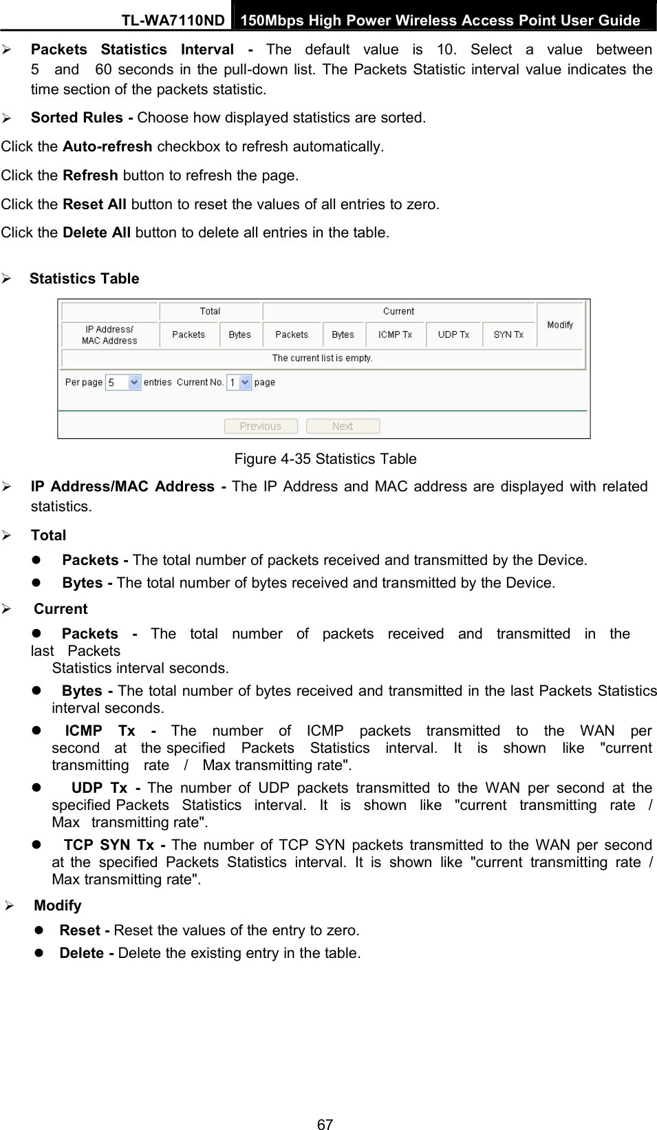 TL-WA7110ND 150Mbps High Power Wireless Access Point User GuidePackets Statistics Interval - The default value is 10. Select a value between5 and 60 seconds in the pull-down list. The Packets Statistic interval value indicates thetime section of the packets statistic.Sorted Rules - Choose how displayed statistics are sorted.Click the Auto-refresh checkbox to refresh automatically.Click the Refresh button to refresh the page.Click the Reset All button to reset the values of all entries to zero.Click the Delete All button to delete all entries in the table.Statistics TableFigure 4-35 Statistics TableIP Address/MAC Address - The IP Address and MAC address are displayed with relatedstatistics.TotalPackets - The total number of packets received and transmitted by the Device.Bytes - The total number of bytes received and transmitted by the Device.CurrentPackets - The total number of packets received and transmitted in thelast PacketsStatistics interval seconds.Bytes - The total number of bytes received and transmitted in the last Packets Statisticsinterval seconds.ICMP Tx - The number of ICMP packets transmitted to the WAN persecond at the specified Packets Statistics interval. It is shown like &quot;currenttransmitting rate / Max transmitting rate&quot;.UDP Tx - The number of UDP packets transmitted to the WAN per second at thespecified Packets Statistics interval. It is shown like &quot;current transmitting rate /Max transmitting rate&quot;.TCP SYN Tx - The number of TCP SYN packets transmitted to the WAN per secondat the specified Packets Statistics interval. It is shown like &quot;current transmitting rate /Max transmitting rate&quot;.ModifyReset - Reset the values of the entry to zero.Delete - Delete the existing entry in the table.67