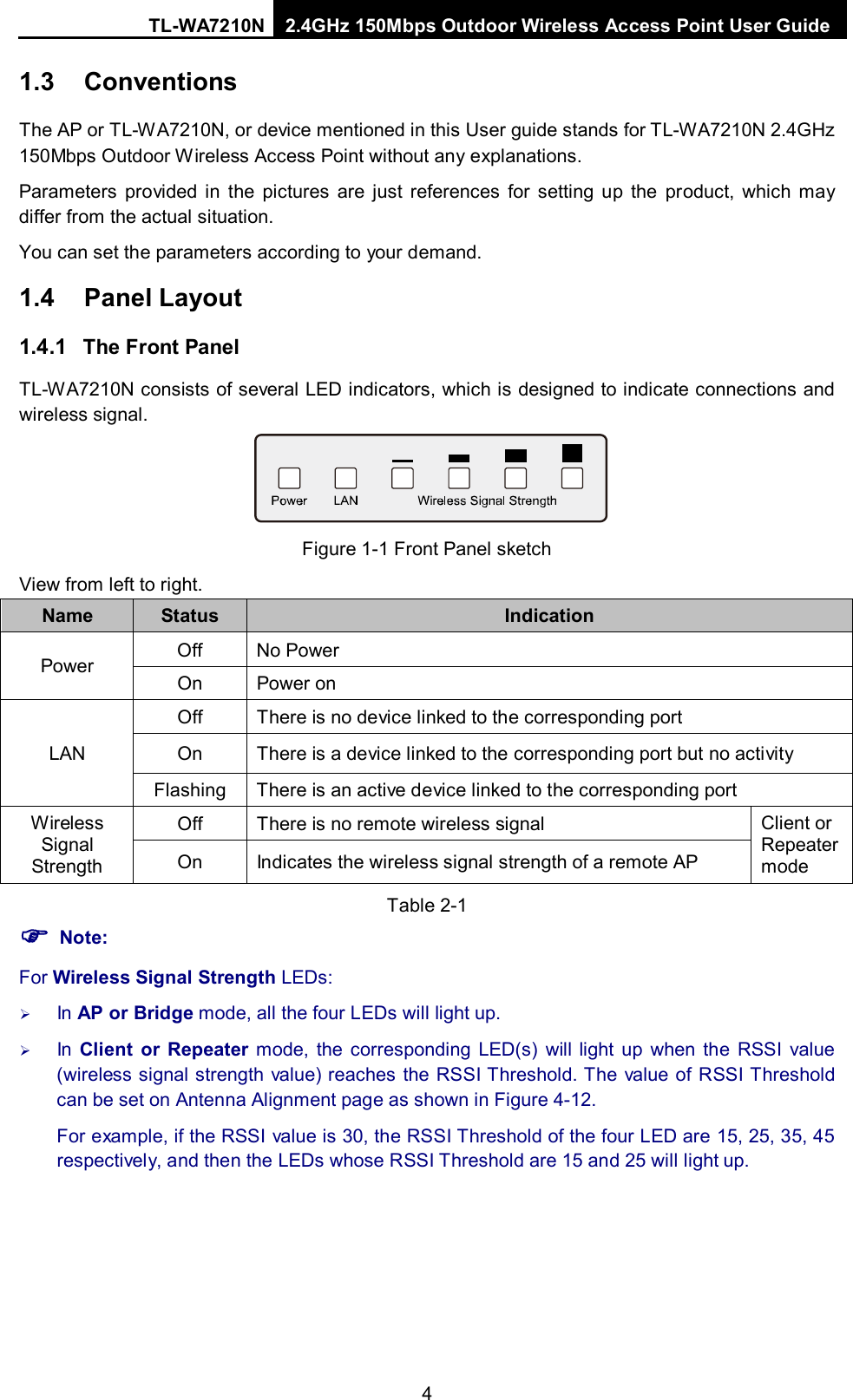 TL-WA7210N 2.4GHz 150Mbps Outdoor Wireless Access Point User Guide  4 1.3  Conventions The AP or TL-WA7210N, or device mentioned in this User guide stands for TL-WA7210N 2.4GHz 150Mbps Outdoor Wireless Access Point without any explanations. Parameters provided in the pictures are just references for setting up the product, which may differ from the actual situation. You can set the parameters according to your demand. 1.4 Panel Layout 1.4.1 The Front Panel TL-WA7210N consists of several LED indicators, which is designed to indicate connections and wireless signal.     Figure 1-1 Front Panel sketch View from left to right. Name  Status Indication Power Off No Power On  Power on LAN Off There is no device linked to the corresponding port On There is a device linked to the corresponding port but no activity Flashing There is an active device linked to the corresponding port Wireless Signal Strength Off  There is no remote wireless signal Client or Repeater mode On  Indicates the wireless signal strength of a remote AP Table 2-1  Note: For Wireless Signal Strength LEDs:  In AP or Bridge mode, all the four LEDs will light up.  In  Client or Repeater mode, the corresponding LED(s) will light up when the RSSI value (wireless signal strength value) reaches the RSSI Threshold. The value of RSSI Threshold can be set on Antenna Alignment page as shown in Figure 4-12. For example, if the RSSI value is 30, the RSSI Threshold of the four LED are 15, 25, 35, 45 respectively, and then the LEDs whose RSSI Threshold are 15 and 25 will light up. 