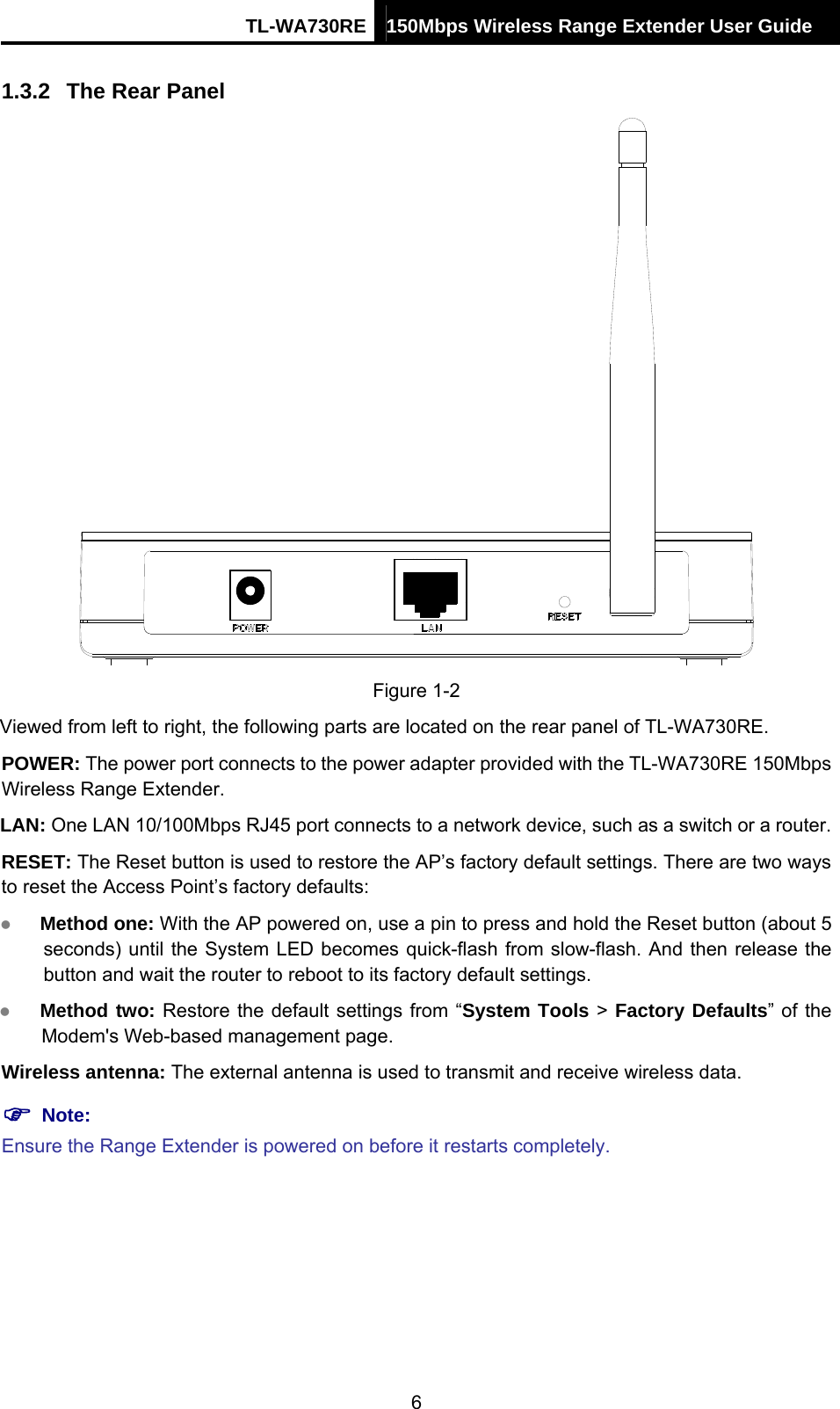 TL-WA730RE 150Mbps Wireless Range Extender User Guide  1.3.2  The Rear Panel  Figure 1-2 Viewed from left to right, the following parts are located on the rear panel of TL-WA730RE. POWER: The power port connects to the power adapter provided with the TL-WA730RE 150Mbps Wireless Range Extender. LAN: One LAN 10/100Mbps RJ45 port connects to a network device, such as a switch or a router. RESET: The Reset button is used to restore the AP’s factory default settings. There are two ways to reset the Access Point’s factory defaults:   z Method one: With the AP powered on, use a pin to press and hold the Reset button (about 5 seconds) until the System LED becomes quick-flash from slow-flash. And then release the button and wait the router to reboot to its factory default settings.   z Method two: Restore the default settings from “System Tools &gt; Factory Defaults” of the Modem&apos;s Web-based management page. Wireless antenna: The external antenna is used to transmit and receive wireless data. ) Note: Ensure the Range Extender is powered on before it restarts completely. 6 