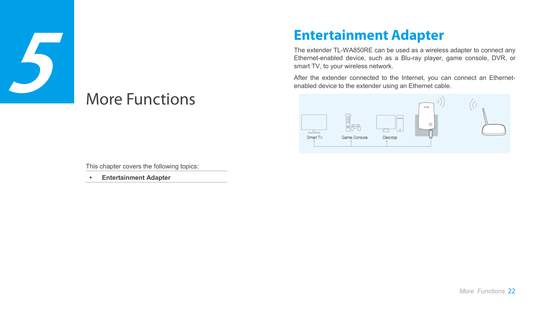                  More Functions     This chapter covers the following topics:  Entertainment Adapter Entertainment Adapter The extender TL-WA850RE can be used as a wireless adapter to connect any Ethernet-enabled device, such as a Blu-ray player, game console, DVR, or smart TV, to your wireless network. After the  extender  connected to the Internet,  you can connect an Ethernet-enabled device to the extender using an Ethernet cable. 5 More Functions 22  