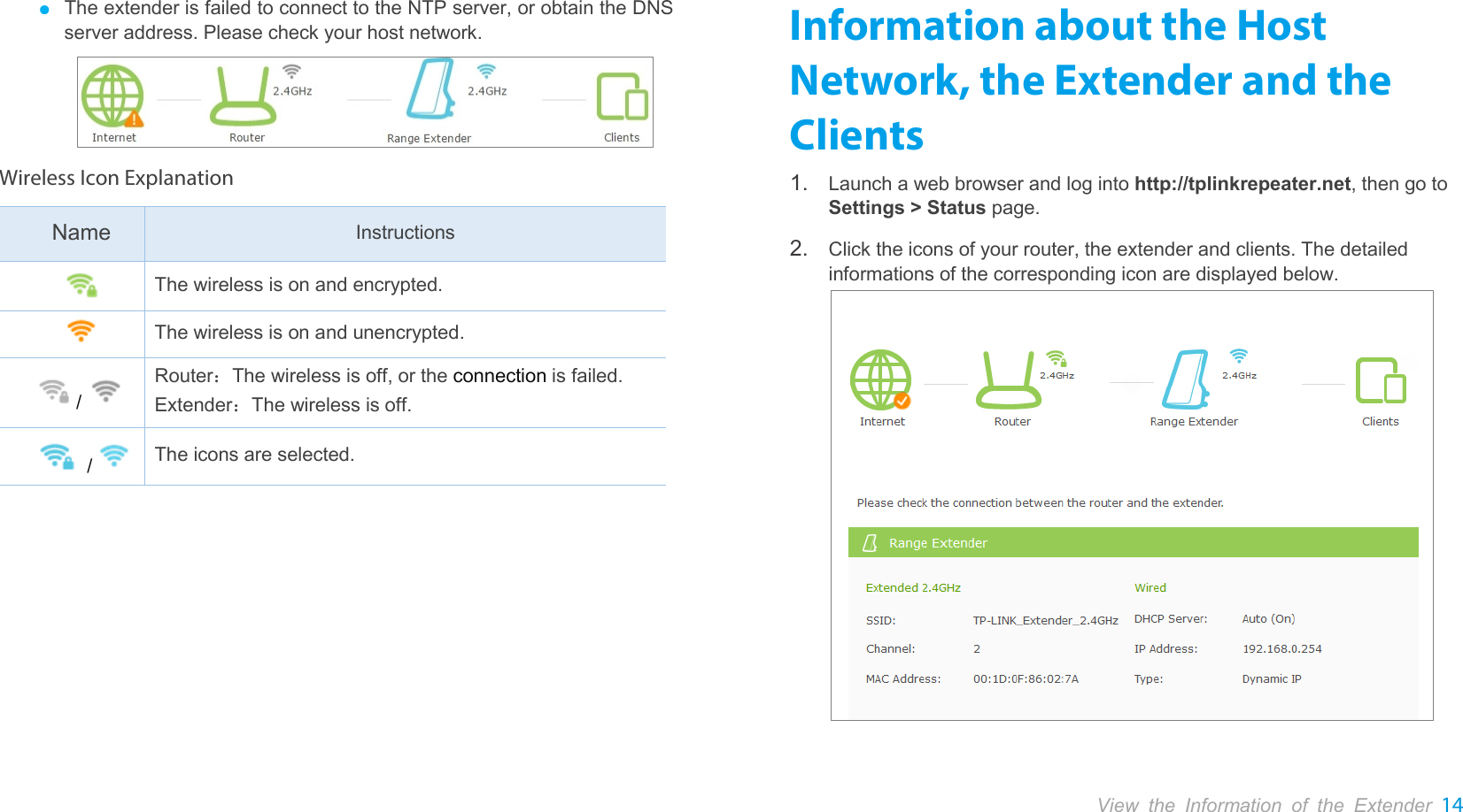  View the Information of the Extender 14  ● The extender is failed to connect to the NTP server, or obtain the DNS server address. Please check your host network.     Wireless Icon Explanation Name Instructions  The wireless is on and encrypted.  The wireless is on and unencrypted. /  Router：The wireless is off, or the connection is failed. Extender：The wireless is off. /   The icons are selected. Information about the Host Network, the Extender and the Clients 1. Launch a web browser and log into http://tplinkrepeater.net, then go to Settings &gt; Status page. 2. Click the icons of your router, the extender and clients. The detailed informations of the corresponding icon are displayed below. 