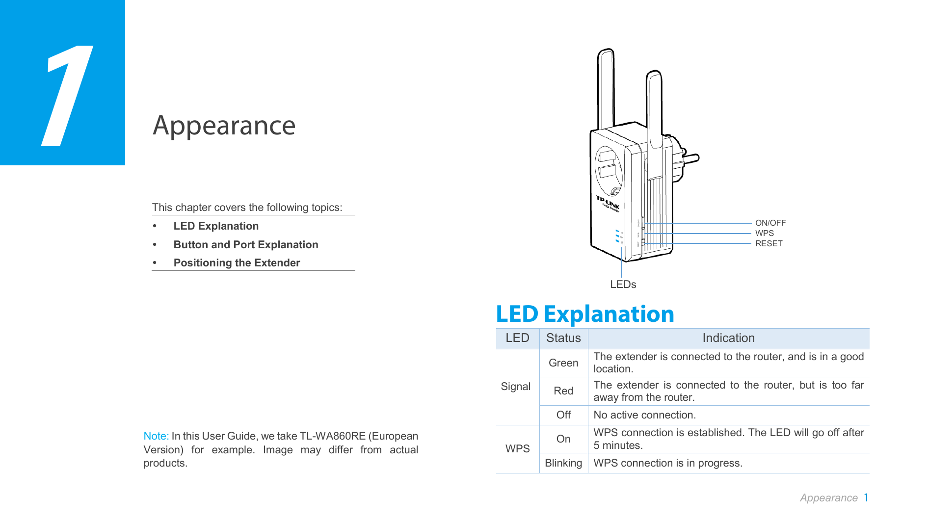  Appearance 1  Appearance    This chapter covers the following topics:  LED Explanation  Button and Port Explanation  Positioning the Extender                    LED Explanation   LED Status Indication Signal Green The extender is connected to the router, and is in a good location. Red The extender is connected to the router, but is too far away from the router. Off No active connection. WPS On WPS connection is established. The LED will go off after 5 minutes. Blinking WPS connection is in progress. 1 ON/OFF WPS RESET LEDs Note: In this User Guide, we take TL-WA860RE (European Version) for example. Image may differ from actual products. 