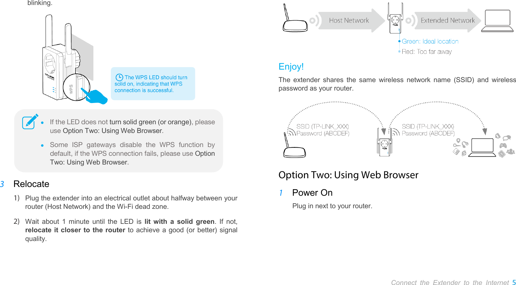       Connect the Extender to the Internet 5  blinking.   3 Relocate   1) Plug the extender into an electrical outlet about halfway between your router (Host Network) and the Wi-Fi dead zone. 2) Wait about 1 minute until the LED is lit with a solid green.  If not, relocate it closer to the router to achieve a good (or better) signal quality.  Enjoy! The  extender shares the same wireless network name (SSID) and wireless password as your router.  Option Two: Using Web Browser 1 Power On Plug in next to your router.  If the LED does not turn solid green (or orange), please use Option Two: Using Web Browser.  Some ISP gateways disable the WPS function by default, if the WPS connection fails, please use Option Two: Using Web Browser. 