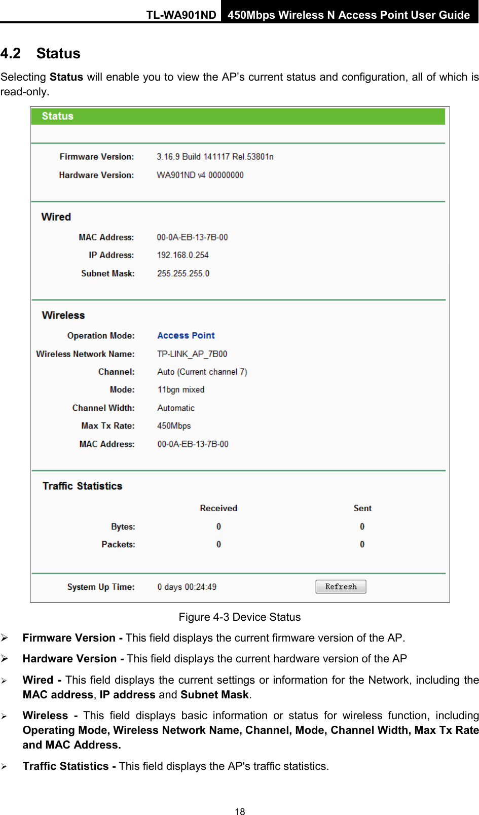 TL-WA901ND 450Mbps Wireless N Access Point User Guide  4.2 Status Selecting Status will enable you to view the AP’s current status and configuration, all of which is read-only.  Figure 4-3 Device Status  Firmware Version - This field displays the current firmware version of the AP.  Hardware Version - This field displays the current hardware version of the AP  Wired - This field displays the current settings or information for the Network, including the MAC address, IP address and Subnet Mask.  Wireless  -  This field displays basic information or status for wireless function, including Operating Mode, Wireless Network Name, Channel, Mode, Channel Width, Max Tx Rate and MAC Address.  Traffic Statistics - This field displays the AP&apos;s traffic statistics.   18 