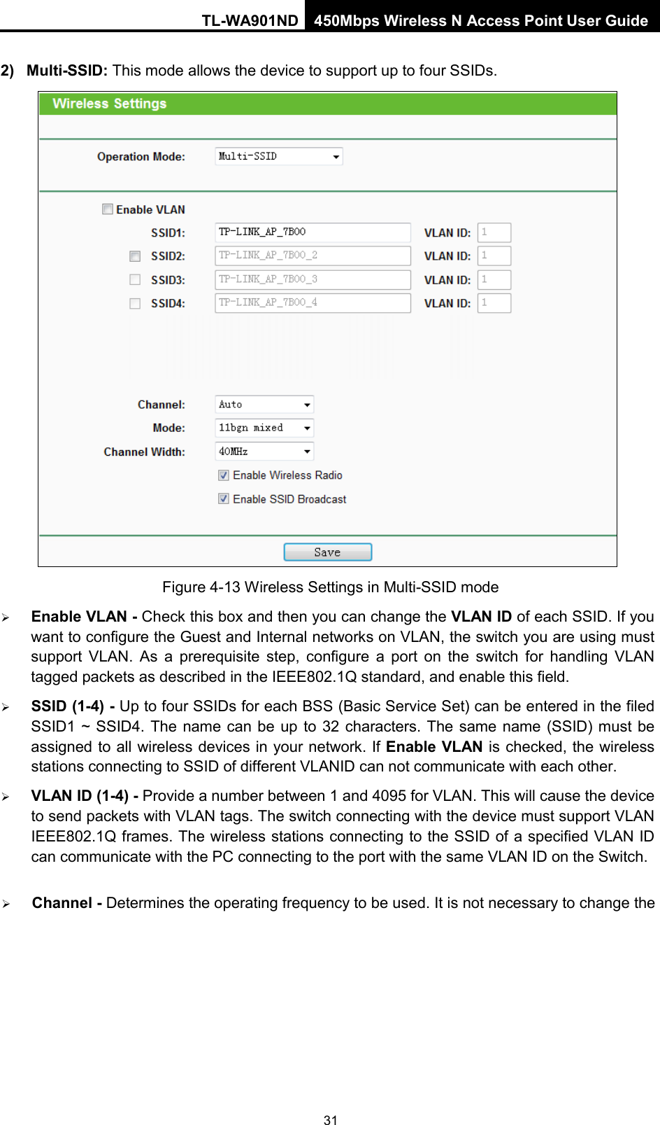 TL-WA901ND 450Mbps Wireless N Access Point User Guide  2) Multi-SSID: This mode allows the device to support up to four SSIDs.  Figure 4-13 Wireless Settings in Multi-SSID mode  Enable VLAN - Check this box and then you can change the VLAN ID of each SSID. If you want to configure the Guest and Internal networks on VLAN, the switch you are using must support VLAN. As a prerequisite step, configure a port on the switch for handling VLAN tagged packets as described in the IEEE802.1Q standard, and enable this field.  SSID (1-4) - Up to four SSIDs for each BSS (Basic Service Set) can be entered in the filed SSID1 ~ SSID4. The name can be up to 32 characters. The same name (SSID) must be assigned to all wireless devices in your network. If Enable VLAN is checked, the wireless stations connecting to SSID of different VLANID can not communicate with each other.  VLAN ID (1-4) - Provide a number between 1 and 4095 for VLAN. This will cause the device to send packets with VLAN tags. The switch connecting with the device must support VLAN IEEE802.1Q frames. The wireless stations connecting to the SSID of a specified VLAN ID can communicate with the PC connecting to the port with the same VLAN ID on the Switch.  Channel - Determines the operating frequency to be used. It is not necessary to change the 31 