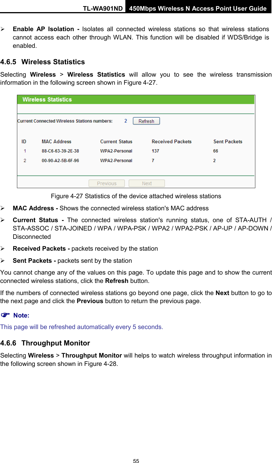 TL-WA901ND 450Mbps Wireless N Access Point User Guide   Enable AP Isolation - Isolates  all connected wireless stations so that wireless stations cannot access each other through WLAN. This function will be disabled if WDS/Bridge is enabled.   4.6.5 Wireless Statistics Selecting  Wireless &gt;  Wireless Statistics will  allow you to see the wireless  transmission information in the following screen shown in Figure 4-27.  Figure 4-27 Statistics of the device attached wireless stations  MAC Address - Shows the connected wireless station&apos;s MAC address  Current Status -  The connected wireless station&apos;s running status, one of STA-AUTH / STA-ASSOC / STA-JOINED / WPA / WPA-PSK / WPA2 / WPA2-PSK / AP-UP / AP-DOWN / Disconnected  Received Packets - packets received by the station  Sent Packets - packets sent by the station You cannot change any of the values on this page. To update this page and to show the current connected wireless stations, click the Refresh button. If the numbers of connected wireless stations go beyond one page, click the Next button to go to the next page and click the Previous button to return the previous page.  Note: This page will be refreshed automatically every 5 seconds. 4.6.6 Throughput Monitor Selecting Wireless &gt; Throughput Monitor will helps to watch wireless throughput information in the following screen shown in Figure 4-28. 55 