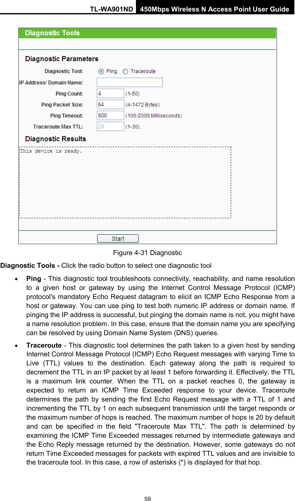 TL-WA901ND 450Mbps Wireless N Access Point User Guide   Figure 4-31 Diagnostic Diagnostic Tools - Click the radio button to select one diagnostic tool • Ping - This diagnostic tool troubleshoots connectivity, reachability, and name resolution to a given host or gateway by using the Internet Control Message Protocol (ICMP) protocol&apos;s mandatory Echo Request datagram to elicit an ICMP Echo Response from a host or gateway. You can use ping to test both numeric IP address or domain name. If pinging the IP address is successful, but pinging the domain name is not, you might have a name resolution problem. In this case, ensure that the domain name you are specifying can be resolved by using Domain Name System (DNS) queries.   • Traceroute - This diagnostic tool determines the path taken to a given host by sending Internet Control Message Protocol (ICMP) Echo Request messages with varying Time to Live (TTL) values to the destination. Each gateway along the path is required to decrement the TTL in an IP packet by at least 1 before forwarding it. Effectively, the TTL is a maximum link counter. When the TTL on a packet reaches 0, the gateway is expected to return an ICMP Time Exceeded response to your device. Traceroute determines the path by sending the first Echo Request message with a TTL of 1 and incrementing the TTL by 1 on each subsequent transmission until the target responds or the maximum number of hops is reached. The maximum number of hops is 20 by default and can be specified in the field &quot;Traceroute Max TTL&quot;. The path is determined by examining the ICMP Time Exceeded messages returned by intermediate gateways and the Echo Reply message returned by the destination. However, some gateways do not return Time Exceeded messages for packets with expired TTL values and are invisible to the traceroute tool. In this case, a row of asterisks (*) is displayed for that hop.   59 