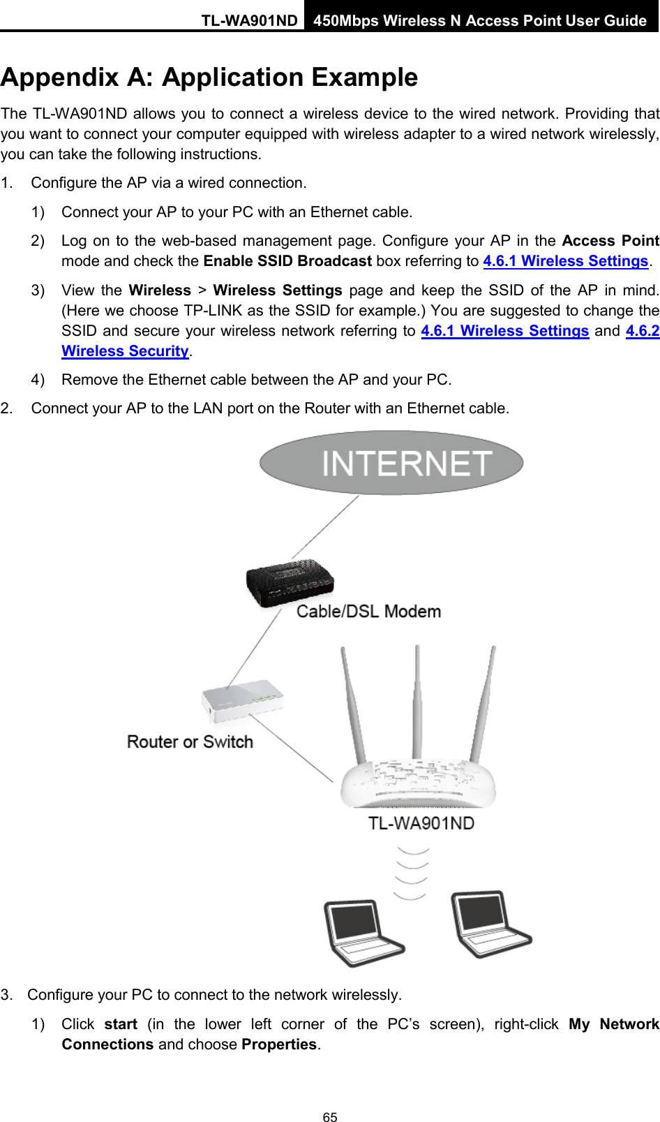 TL-WA901ND 450Mbps Wireless N Access Point User Guide  Appendix A: Application Example The TL-WA901ND allows you to connect a wireless device to the wired network. Providing that you want to connect your computer equipped with wireless adapter to a wired network wirelessly, you can take the following instructions. 1. Configure the AP via a wired connection. 1) Connect your AP to your PC with an Ethernet cable. 2) Log on to the web-based management page. Configure your AP in the Access Point mode and check the Enable SSID Broadcast box referring to 4.6.1 Wireless Settings. 3) View the Wireless &gt;  Wireless Settings page and keep the SSID of the AP in mind. (Here we choose TP-LINK as the SSID for example.) You are suggested to change the SSID and secure your wireless network referring to 4.6.1 Wireless Settings and 4.6.2 Wireless Security. 4) Remove the Ethernet cable between the AP and your PC. 2. Connect your AP to the LAN port on the Router with an Ethernet cable.  3. Configure your PC to connect to the network wirelessly. 1) Click  start  (in the lower left corner of the PC’s screen), right-click  My Network Connections and choose Properties. 65 