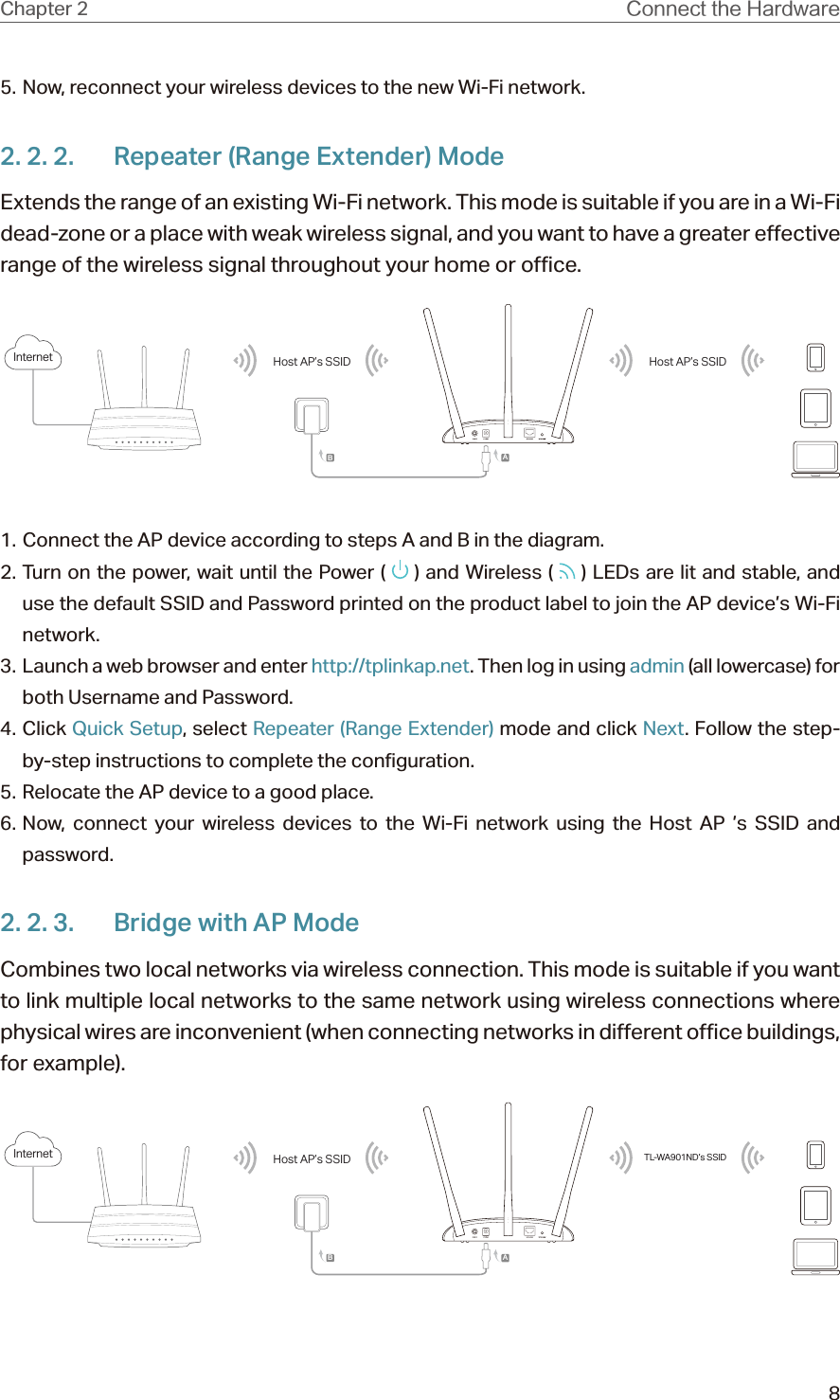 8Chapter 2 $POOFDUUIF)BSEXBSF5. Now, reconnect your wireless devices to the new Wi-Fi network.2. 2. 2.  Repeater (Range Extender) ModeExtends the range of an existing Wi-Fi network. This mode is suitable if you are in a Wi-Fi dead-zone or a place with weak wireless signal, and you want to have a greater effective range of the wireless signal throughout your home or office.Internet Host AP’s SSID Host AP’s SSIDAB1. Connect the AP device according to steps A and B in the diagram.2. Turn on the power, wait until the Power (   ) and Wireless (   ) LEDs are lit and stable, and use the default SSID and Password printed on the product label to join the AP device’s Wi-Fi network.3.  Launch a web browser and enter http://tplinkap.net. Then log in using admin (all lowercase) for both Username and Password.4. Click Quick Setup, select Repeater (Range Extender) mode and click Next. Follow the step-by-step instructions to complete the configuration.5. Relocate the AP device to a good place. 6. Now, connect your wireless devices to the Wi-Fi network using the Host AP ’s SSID and password.2. 2. 3.  Bridge with AP ModeCombines two local networks via wireless connection. This mode is suitable if you want to link multiple local networks to the same network using wireless connections where physical wires are inconvenient (when connecting networks in different office buildings, for example).InternetTL-WA901ND’s SSIDHost AP’s SSIDON/OFF POWER ETHERNET WPS/RESETAB