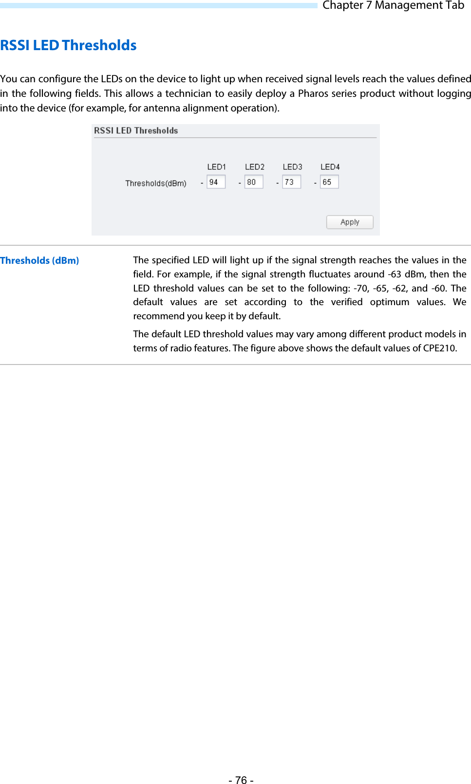  Chapter 7 Management Tab RSSI LED Thresholds You can configure the LEDs on the device to light up when received signal levels reach the values defined in the following fields. This allows a technician to easily deploy a Pharos series product without logging into the device (for example, for antenna alignment operation).  Thresholds (dBm) The specified LED will light up if the signal strength reaches the values in the field. For example, if the signal strength fluctuates around -63 dBm, then the LED threshold values can be set to the following: -70,  -65,  -62, and -60. The default values are set according to the verified optimum values. We recommend you keep it by default. The default LED threshold values may vary among different product models in terms of radio features. The figure above shows the default values of CPE210.  - 76 - 