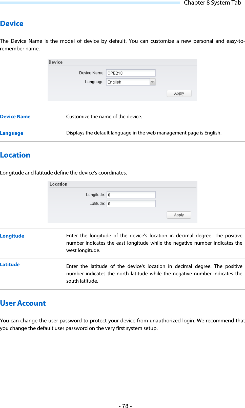  Chapter 8 System Tab Device The Device Name is the model of device  by default.  You can customize a new personal and easy-to-remember name.  Device Name Customize the name of the device. Language Displays the default language in the web management page is English. Location Longitude and latitude define the device’s coordinates.   Longitude Enter the longitude of the device&apos;s location in decimal  degree. The positive number indicates the east longitude while the negative number indicates the west longitude. Latitude Enter the  latitude of the device&apos;s location in decimal  degree.  The positive number indicates the north  latitude while the negative number indicates the south latitude. User Account You can change the user password to protect your device from unauthorized login. We recommend that you change the default user password on the very first system setup. - 78 - 