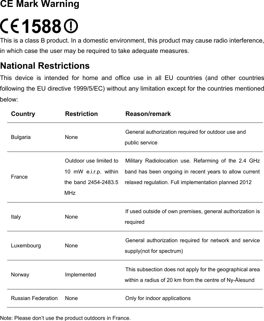  CE Mark Warning  This is a class B product. In a domestic environment, this product may cause radio interference, in which case the user may be required to take adequate measures. National Restrictions This  device  is  intended  for  home  and  office  use  in  all  EU  countries  (and  other  countries following the EU directive 1999/5/EC) without any limitation except for the countries mentioned below: Country  Restriction  Reason/remark Bulgaria None  General authorization required for outdoor use and public service France Outdoor use limited to 10  mW  e.i.r.p.  within the band 2454-2483.5 MHz Military  Radiolocation  use. Refarming  of  the  2.4  GHz band has been ongoing in recent years to allow current relaxed regulation. Full implementation planned 2012 Italy  None  If used outside of own premises, general authorization is required Luxembourg  None  General  authorization  required  for network and service supply(not for spectrum) Norway  Implemented This subsection does not apply for the geographical area within a radius of 20 km from the centre of Ny-Ålesund Russian Federation None  Only for indoor applications Note: Please don’t use the product outdoors in France.    