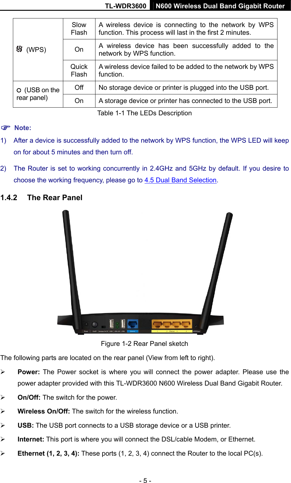 TL-WDR3600 N600 Wireless Dual Band Gigabit Router  - 5 - Slow Flash A wireless device is connecting to the network by WPS function. This process will last in the first 2 minutes. On  A wireless device has been successfully added to the network by WPS function.    (WPS) Quick Flash A wireless device failed to be added to the network by WPS function. Off  No storage device or printer is plugged into the USB port.  (USB on the rear panel)  On  A storage device or printer has connected to the USB port. Table 1-1 The LEDs Description ) Note: 1)  After a device is successfully added to the network by WPS function, the WPS LED will keep on for about 5 minutes and then turn off.   2)  The Router is set to working concurrently in 2.4GHz and 5GHz by default. If you desire to choose the working frequency, please go to 4.5 Dual Band Selection. 1.4.2  The Rear Panel  Figure 1-2 Rear Panel sketch The following parts are located on the rear panel (View from left to right). ¾ Power:  The Power socket is where you will connect the power adapter. Please use the power adapter provided with this TL-WDR3600 N600 Wireless Dual Band Gigabit Router. ¾ On/Off: The switch for the power. ¾ Wireless On/Off: The switch for the wireless function. ¾ USB: The USB port connects to a USB storage device or a USB printer. ¾ Internet: This port is where you will connect the DSL/cable Modem, or Ethernet. ¾ Ethernet (1, 2, 3, 4): These ports (1, 2, 3, 4) connect the Router to the local PC(s). 
