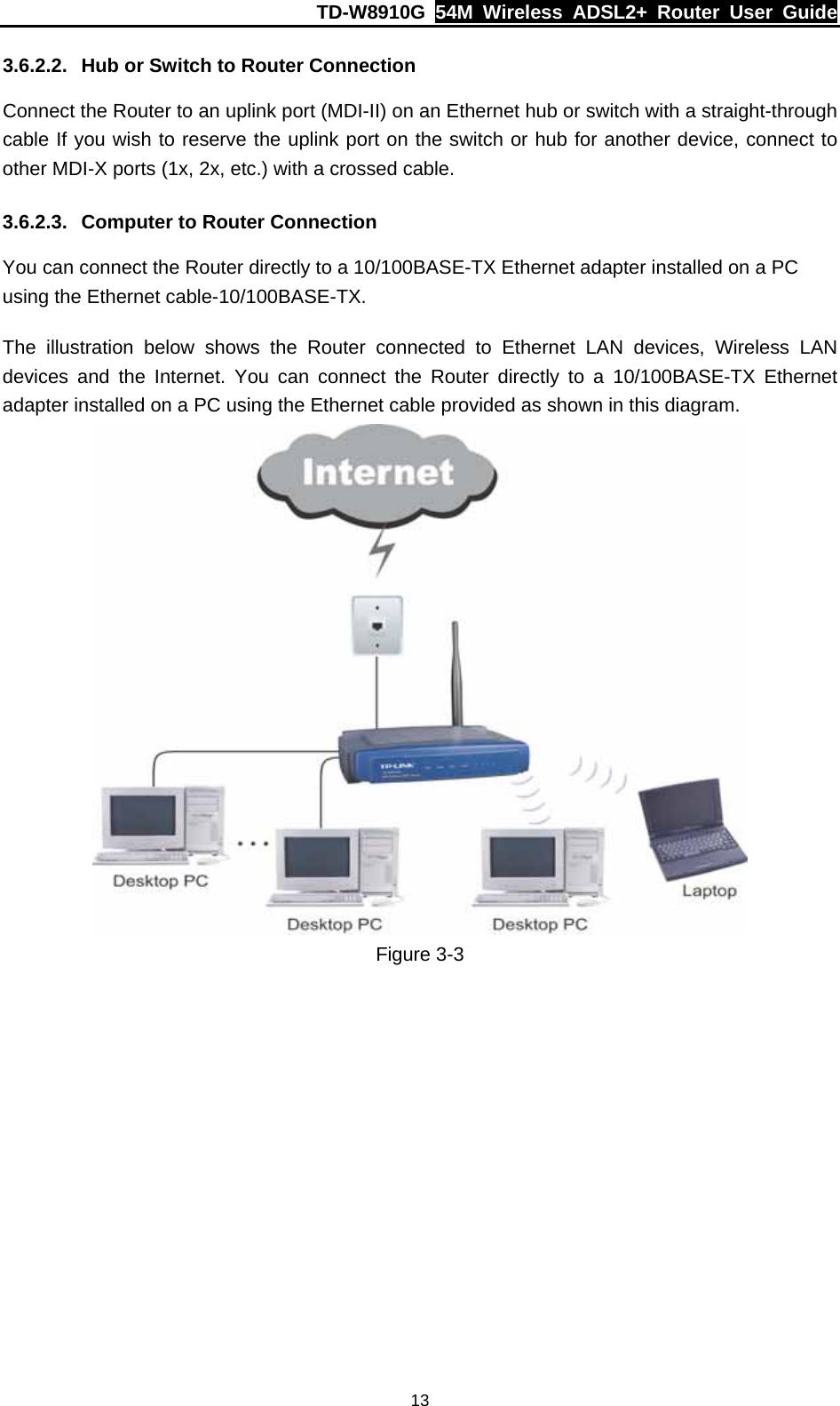 TD-W8910G  54M Wireless ADSL2+ Router User Guide  133.6.2.2.  Hub or Switch to Router Connection Connect the Router to an uplink port (MDI-II) on an Ethernet hub or switch with a straight-through cable If you wish to reserve the uplink port on the switch or hub for another device, connect to other MDI-X ports (1x, 2x, etc.) with a crossed cable. 3.6.2.3.  Computer to Router Connection You can connect the Router directly to a 10/100BASE-TX Ethernet adapter installed on a PC using the Ethernet cable-10/100BASE-TX. The illustration below shows the Router connected to Ethernet LAN devices, Wireless LAN devices and the Internet. You can connect the Router directly to a 10/100BASE-TX Ethernet adapter installed on a PC using the Ethernet cable provided as shown in this diagram.  Figure 3-3 