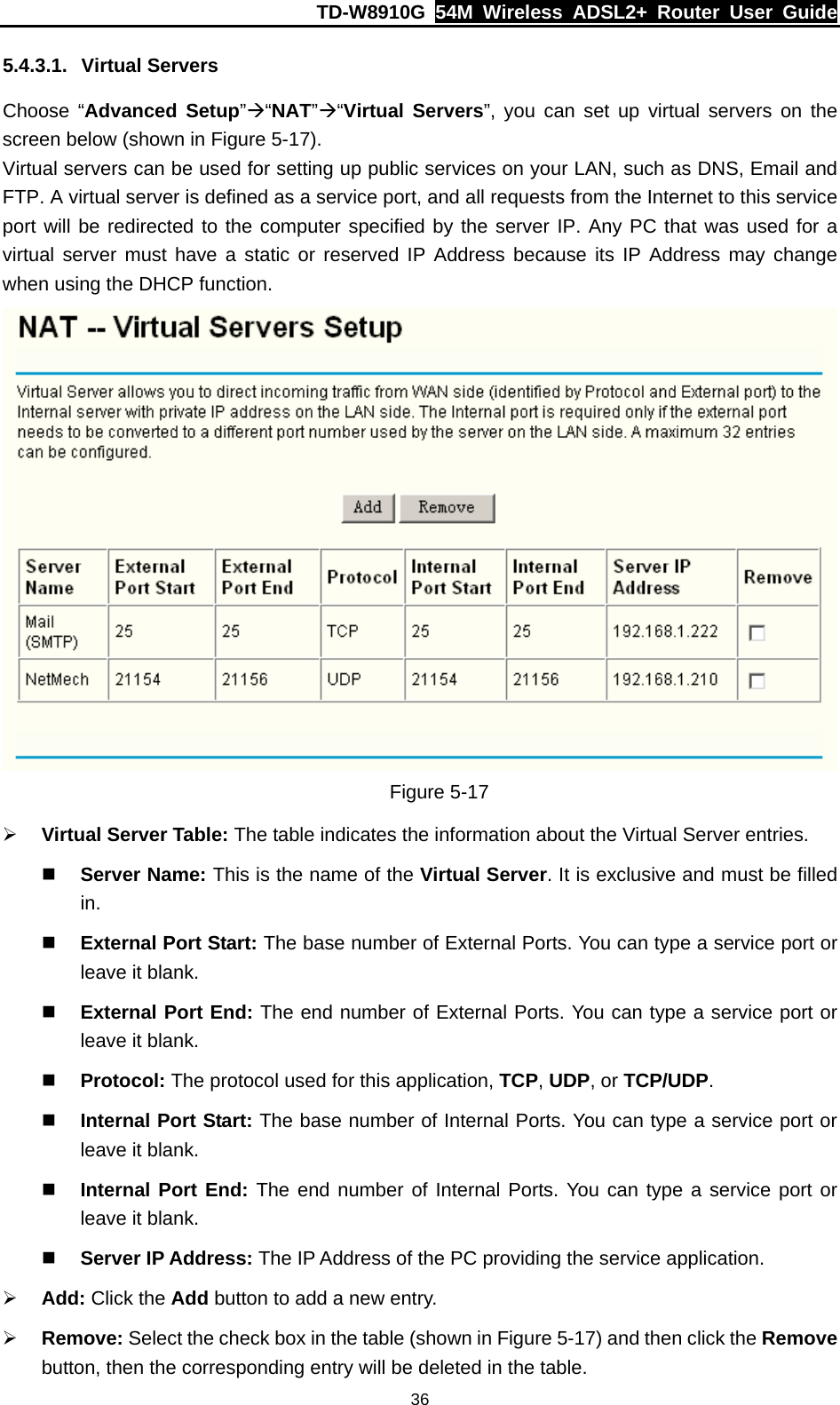 TD-W8910G  54M Wireless ADSL2+ Router User Guide  365.4.3.1. Virtual Servers Choose “Advanced Setup”Æ“NAT”Æ“Virtual Servers”, you can set up virtual servers on the screen below (shown in Figure 5-17). Virtual servers can be used for setting up public services on your LAN, such as DNS, Email and FTP. A virtual server is defined as a service port, and all requests from the Internet to this service port will be redirected to the computer specified by the server IP. Any PC that was used for a virtual server must have a static or reserved IP Address because its IP Address may change when using the DHCP function.  Figure 5-17 ¾ Virtual Server Table: The table indicates the information about the Virtual Server entries.  Server Name: This is the name of the Virtual Server. It is exclusive and must be filled in.  External Port Start: The base number of External Ports. You can type a service port or leave it blank.  External Port End: The end number of External Ports. You can type a service port or leave it blank.  Protocol: The protocol used for this application, TCP, UDP, or TCP/UDP.  Internal Port Start: The base number of Internal Ports. You can type a service port or leave it blank.  Internal Port End: The end number of Internal Ports. You can type a service port or leave it blank.  Server IP Address: The IP Address of the PC providing the service application. ¾ Add: Click the Add button to add a new entry. ¾ Remove: Select the check box in the table (shown in Figure 5-17) and then click the Remove button, then the corresponding entry will be deleted in the table. 