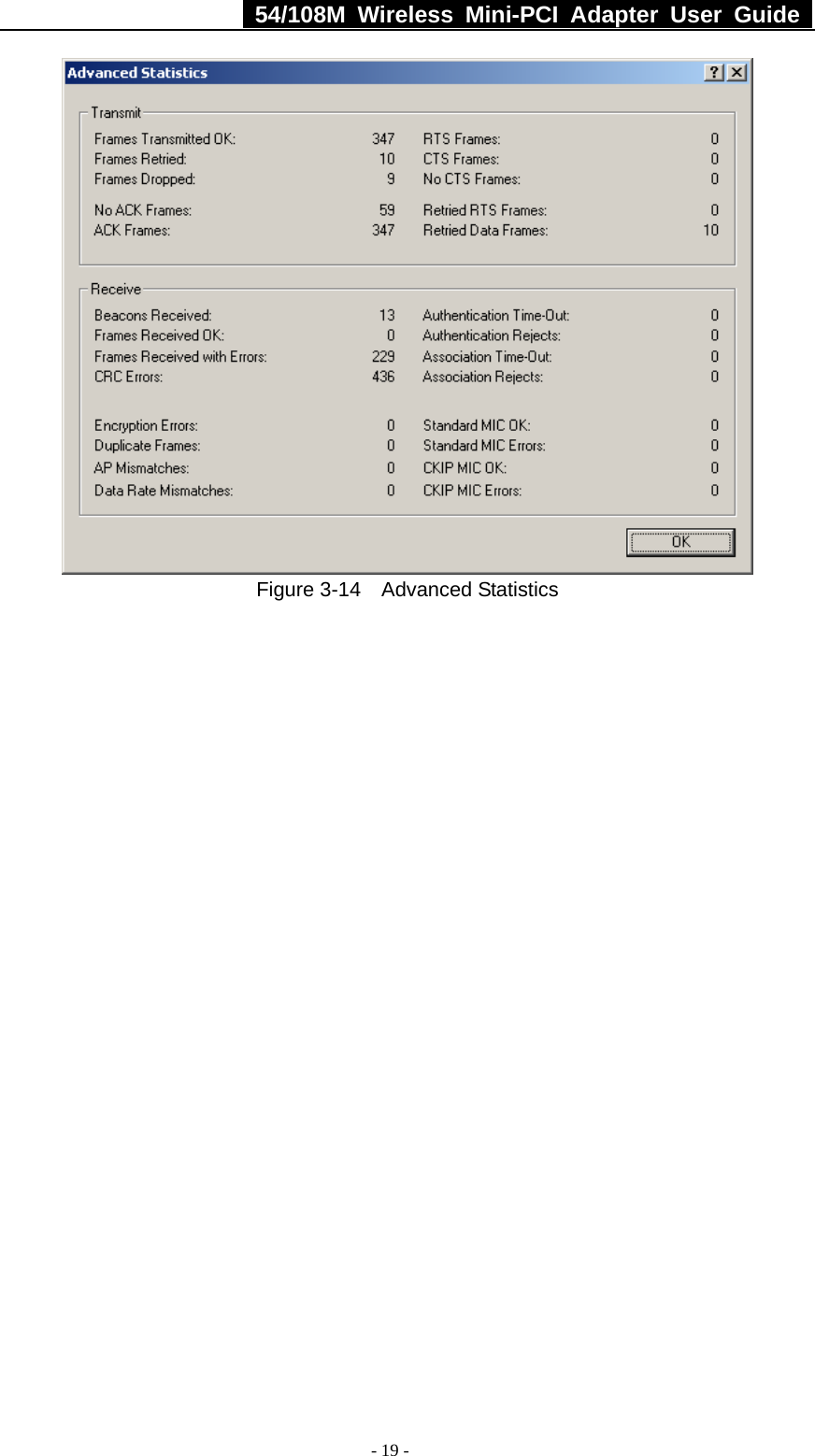   54/108M Wireless Mini-PCI Adapter User Guide  - 19 -  Figure 3-14  Advanced Statistics 