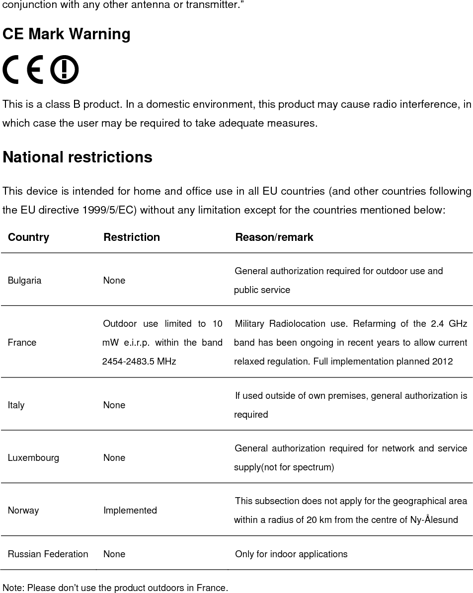  conjunction with any other antenna or transmitter.” CE Mark Warning  This is a class B product. In a domestic environment, this product may cause radio interference, in which case the user may be required to take adequate measures. National restrictions This device is intended for home and office use in all EU countries (and other countries following the EU directive 1999/5/EC) without any limitation except for the countries mentioned below: Country Restriction  Reason/remark Bulgaria None  General authorization required for outdoor use and public service France Outdoor use limited to 10 mW e.i.r.p. within the band 2454-2483.5 MHz Military Radiolocation use. Refarming of the 2.4 GHz band has been ongoing in recent years to allow current relaxed regulation. Full implementation planned 2012 Italy None  If used outside of own premises, general authorization is required Luxembourg None  General authorization required for network and service supply(not for spectrum) Norway Implemented  This subsection does not apply for the geographical area within a radius of 20 km from the centre of Ny-Ålesund Russian Federation  None  Only for indoor applications Note: Please don’t use the product outdoors in France.   