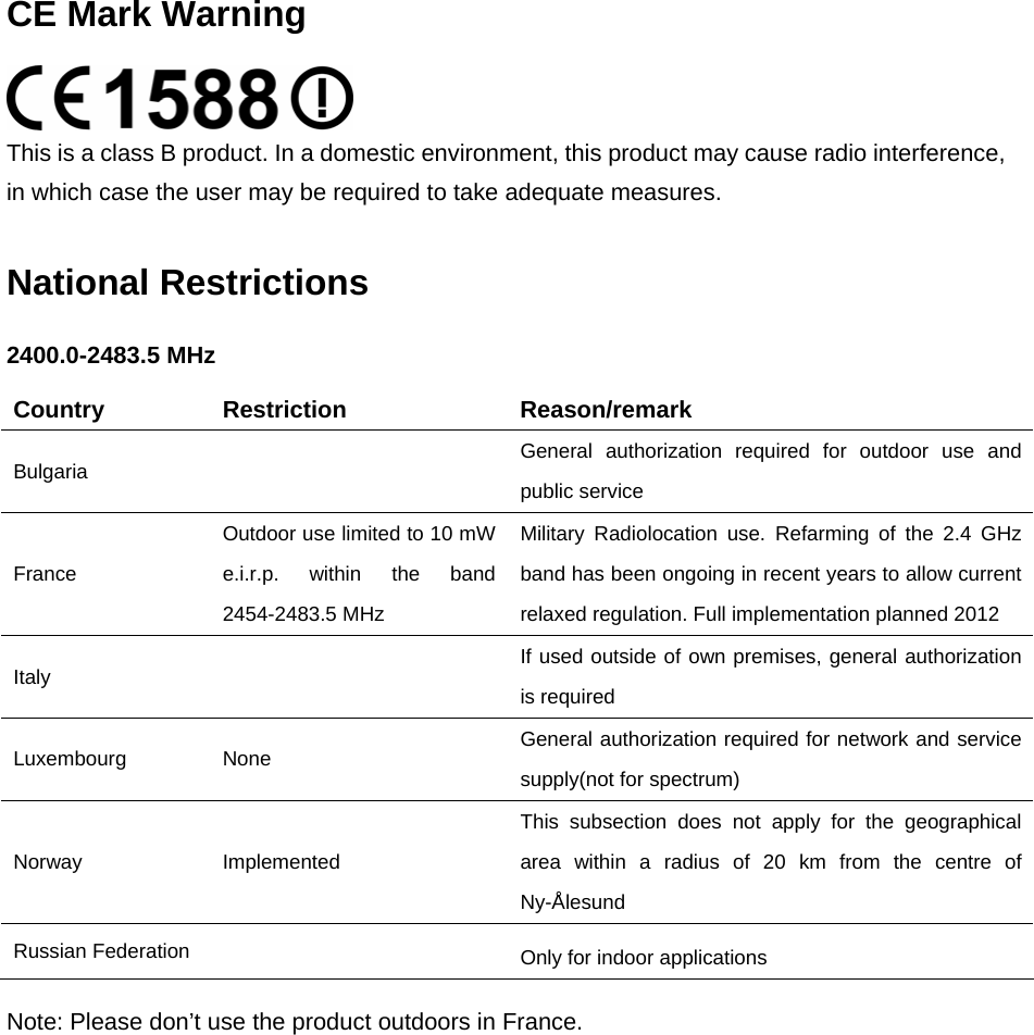   CE Mark Warning  This is a class B product. In a domestic environment, this product may cause radio interference, in which case the user may be required to take adequate measures. National Restrictions 2400.0-2483.5 MHz Country Restriction  Reason/remark Bulgaria   General authorization required for outdoor use and public service France Outdoor use limited to 10 mW e.i.r.p. within the band 2454-2483.5 MHz Military Radiolocation use. Refarming of the 2.4 GHz band has been ongoing in recent years to allow current relaxed regulation. Full implementation planned 2012 Italy   If used outside of own premises, general authorization is required Luxembourg None  General authorization required for network and service supply(not for spectrum) Norway Implemented This subsection does not apply for the geographical area within a radius of 20 km from the centre of Ny-Ålesund Russian Federation    Only for indoor applications Note: Please don’t use the product outdoors in France.