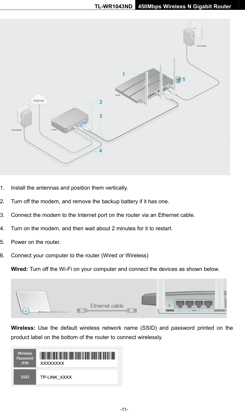 -11-TL-WR1043ND450Mbps Wireless N Gigabit Router1. Install the antennas and position them vertically.2. Turn off the modem, and remove the backup battery if it has one.3. Connect the modem to the Internet port on the router via an Ethernet cable.4. Turn on the modem, and then wait about 2 minutes for it to restart.5. Power on the router.6. Connect your computer to the router (Wired or Wireless)Wired: Turn off the Wi-Fi on your computer and connect the devices as shown below.Wireless: Use the default wireless network name (SSID) and password printed on theproduct label on the bottom of the router to connect wirelessly.