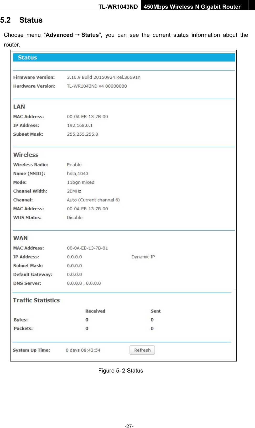 -27-TL-WR1043ND450Mbps Wireless N Gigabit Router5.2 StatusChoose menu “Advanced →Status”, you can see the current status information about therouter.Figure 5- 2 Status