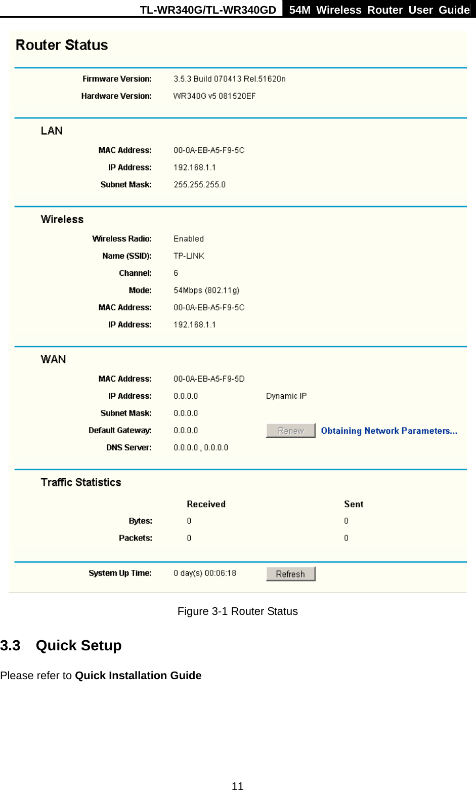 TL-WR340G/TL-WR340GD 54M Wireless Router User Guide  11 Figure 3-1 Router Status 3.3 Quick Setup Please refer to Quick Installation Guide 