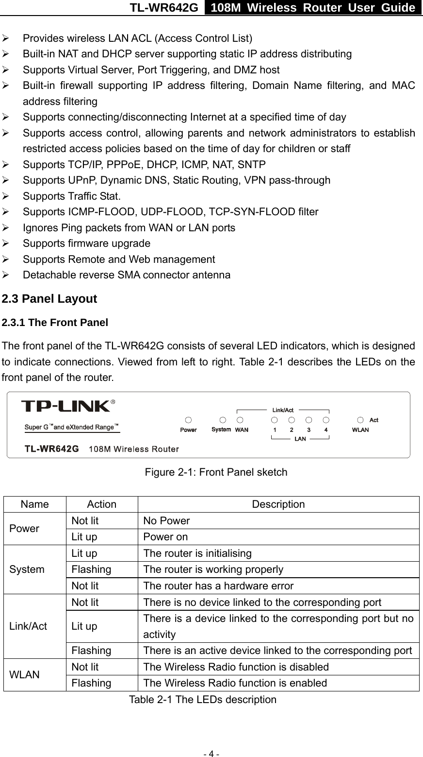 TL-WR642G   108M Wireless Router User Guide   - 4 - ¾  Provides wireless LAN ACL (Access Control List)   ¾  Built-in NAT and DHCP server supporting static IP address distributing ¾  Supports Virtual Server, Port Triggering, and DMZ host ¾  Built-in firewall supporting IP address filtering, Domain Name filtering, and MAC address filtering ¾  Supports connecting/disconnecting Internet at a specified time of day ¾  Supports access control, allowing parents and network administrators to establish restricted access policies based on the time of day for children or staff ¾  Supports TCP/IP, PPPoE, DHCP, ICMP, NAT, SNTP ¾  Supports UPnP, Dynamic DNS, Static Routing, VPN pass-through ¾ Supports Traffic Stat. ¾  Supports ICMP-FLOOD, UDP-FLOOD, TCP-SYN-FLOOD filter ¾  Ignores Ping packets from WAN or LAN ports ¾  Supports firmware upgrade ¾  Supports Remote and Web management ¾ Detachable reverse SMA connector antenna 2.3 Panel Layout 2.3.1 The Front Panel The front panel of the TL-WR642G consists of several LED indicators, which is designed to indicate connections. Viewed from left to right. Table 2-1 describes the LEDs on the front panel of the router.                Figure 2-1: Front Panel sketch  Name Action  Description Not lit  No Power Power  Lit up  Power on Lit up  The router is initialising Flashing  The router is working properly System Not lit  The router has a hardware error Not lit  There is no device linked to the corresponding port Lit up  There is a device linked to the corresponding port but no activity Link/Act Flashing  There is an active device linked to the corresponding portNot lit  The Wireless Radio function is disabled WLAN  Flashing  The Wireless Radio function is enabled             Table 2-1 The LEDs description 