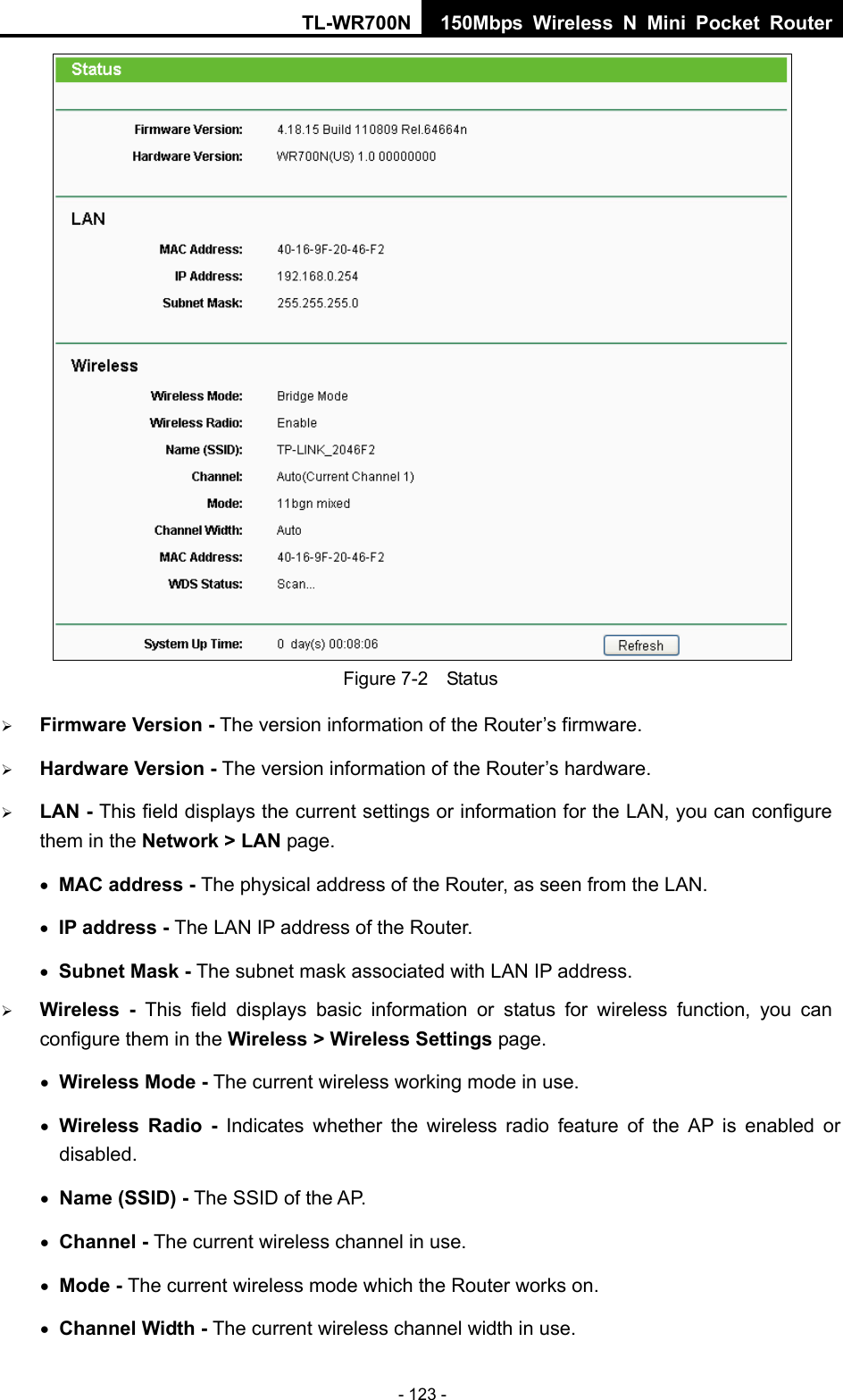 TL-WR700N 150Mbps Wireless N Mini Pocket Router - 123 -  Figure 7-2    Status ¾ Firmware Version - The version information of the Router’s firmware. ¾ Hardware Version - The version information of the Router’s hardware. ¾ LAN - This field displays the current settings or information for the LAN, you can configure them in the Network &gt; LAN page.   • MAC address - The physical address of the Router, as seen from the LAN. • IP address - The LAN IP address of the Router. • Subnet Mask - The subnet mask associated with LAN IP address. ¾ Wireless -  This field displays basic information or status for wireless function, you can configure them in the Wireless &gt; Wireless Settings page.   • Wireless Mode - The current wireless working mode in use. • Wireless Radio - Indicates whether the wireless radio feature of the AP is enabled or disabled. • Name (SSID) - The SSID of the AP. • Channel - The current wireless channel in use. • Mode - The current wireless mode which the Router works on. • Channel Width - The current wireless channel width in use. 