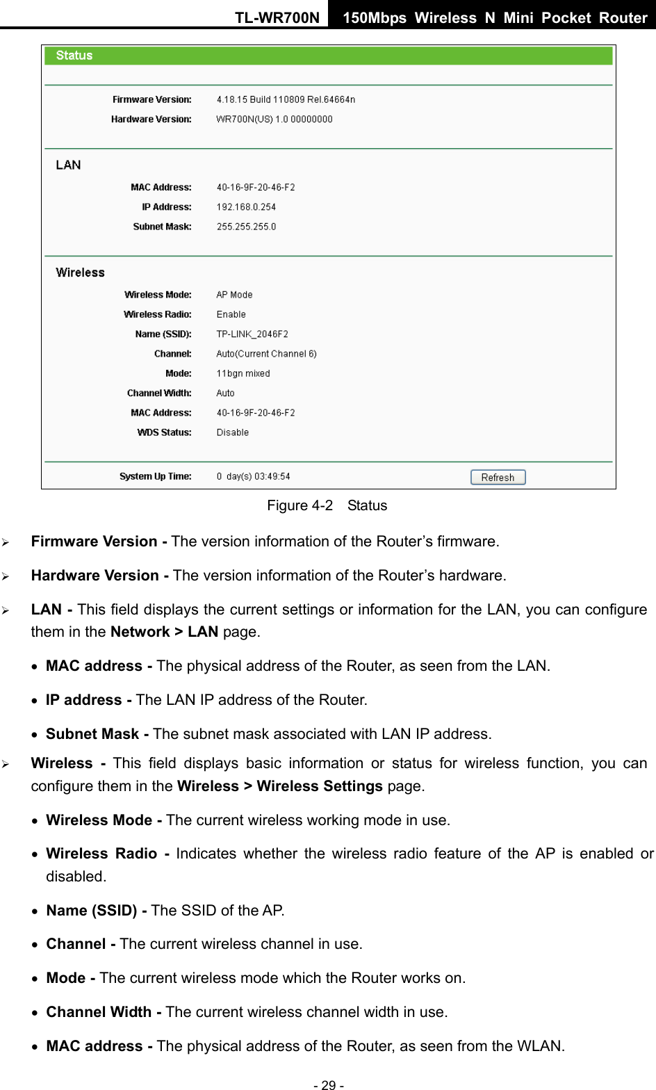TL-WR700N 150Mbps Wireless N Mini Pocket Router - 29 -  Figure 4-2    Status ¾ Firmware Version - The version information of the Router’s firmware. ¾ Hardware Version - The version information of the Router’s hardware. ¾ LAN - This field displays the current settings or information for the LAN, you can configure them in the Network &gt; LAN page.   • MAC address - The physical address of the Router, as seen from the LAN. • IP address - The LAN IP address of the Router. • Subnet Mask - The subnet mask associated with LAN IP address. ¾ Wireless -  This field displays basic information or status for wireless function, you can configure them in the Wireless &gt; Wireless Settings page.   • Wireless Mode - The current wireless working mode in use. • Wireless Radio - Indicates whether the wireless radio feature of the AP is enabled or disabled. • Name (SSID) - The SSID of the AP. • Channel - The current wireless channel in use. • Mode - The current wireless mode which the Router works on. • Channel Width - The current wireless channel width in use. • MAC address - The physical address of the Router, as seen from the WLAN. 