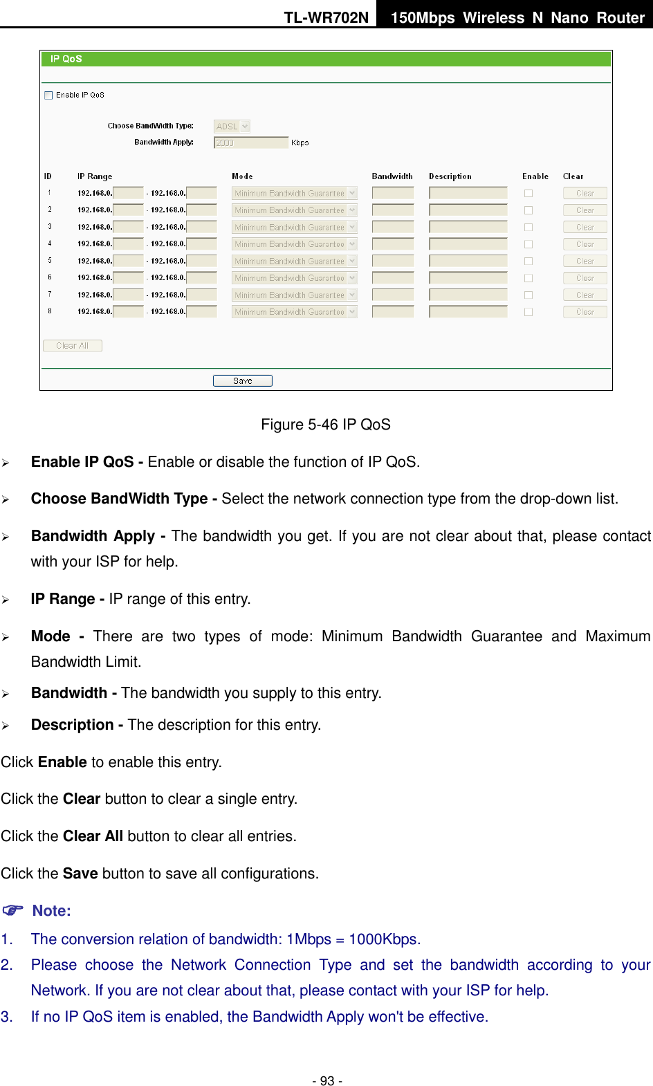 TL-WR702N 150Mbps  Wireless  N  Nano  Router  - 93 -  Figure 5-46 IP QoS  Enable IP QoS - Enable or disable the function of IP QoS.  Choose BandWidth Type - Select the network connection type from the drop-down list.  Bandwidth Apply - The bandwidth you get. If you are not clear about that, please contact with your ISP for help.  IP Range - IP range of this entry.  Mode  -  There  are  two  types  of  mode:  Minimum  Bandwidth  Guarantee  and  Maximum Bandwidth Limit.  Bandwidth - The bandwidth you supply to this entry.  Description - The description for this entry. Click Enable to enable this entry. Click the Clear button to clear a single entry. Click the Clear All button to clear all entries. Click the Save button to save all configurations.  Note: 1.  The conversion relation of bandwidth: 1Mbps = 1000Kbps.   2.  Please  choose  the  Network  Connection  Type  and  set  the  bandwidth  according  to  your Network. If you are not clear about that, please contact with your ISP for help.   3.  If no IP QoS item is enabled, the Bandwidth Apply won&apos;t be effective.   