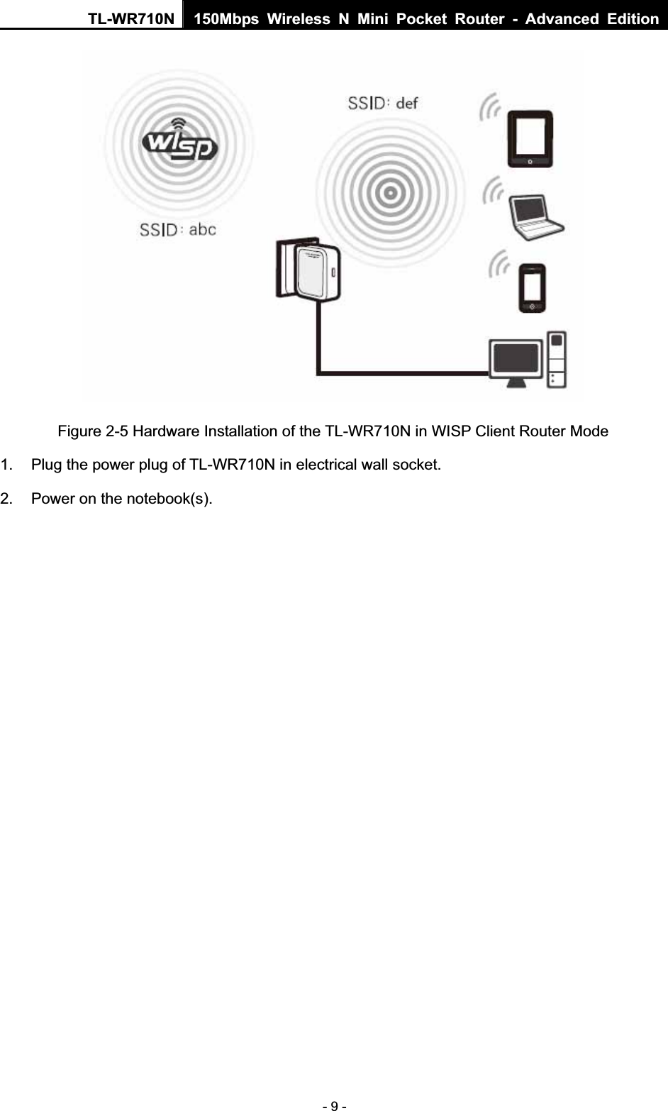 TL-WR710N  150Mbps Wireless N Mini Pocket Router - Advanced Edition- 9 - Figure 2-5 Hardware Installation of the TL-WR710N in WISP Client Router Mode 1.  Plug the power plug of TL-WR710N in electrical wall socket. 2.  Power on the notebook(s). 