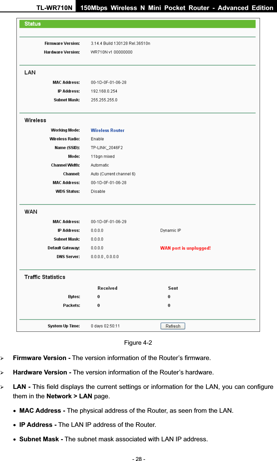 TL-WR710N  150Mbps Wireless N Mini Pocket Router - Advanced Edition- 28 - Figure 4-2 ¾Firmware Version - The version information of the Router’s firmware. ¾Hardware Version - The version information of the Router’s hardware. ¾LAN - This field displays the current settings or information for the LAN, you can configure them in the Network &gt; LAN page.   xMAC Address - The physical address of the Router, as seen from the LAN. xIP Address - The LAN IP address of the Router. xSubnet Mask - The subnet mask associated with LAN IP address. 