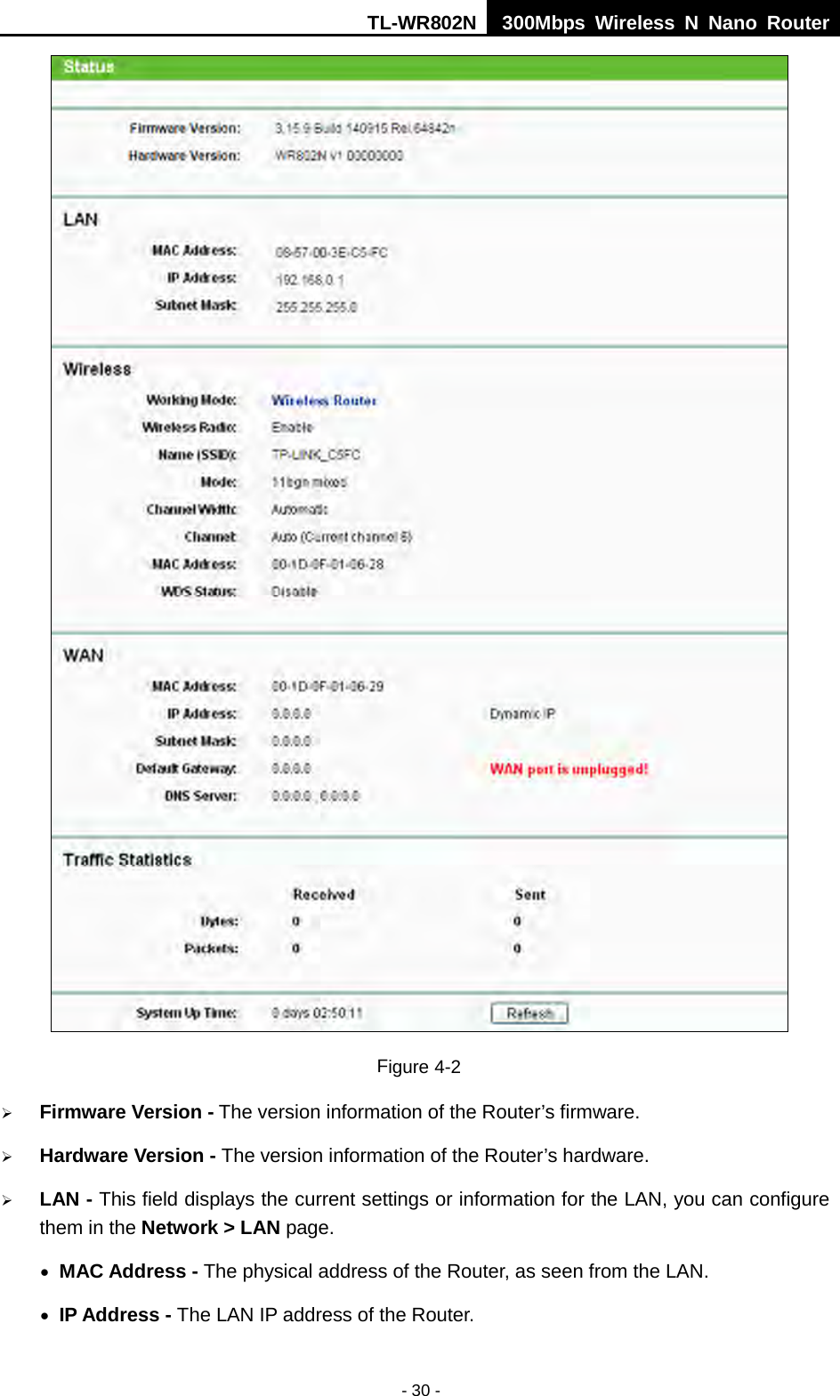 TL-WR802N  300Mbps Wireless N Nano Router   Figure 4-2  Firmware Version - The version information of the Router’s firmware.  Hardware Version - The version information of the Router’s hardware.  LAN - This field displays the current settings or information for the LAN, you can configure them in the Network &gt; LAN page.   • MAC Address - The physical address of the Router, as seen from the LAN. • IP Address - The LAN IP address of the Router. - 30 - 