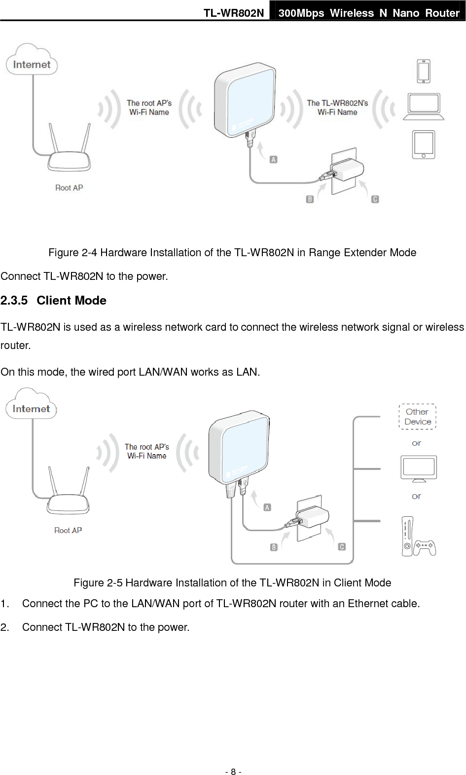 TL-WR802N 300Mbps  Wireless  N  Nano  Router  - 8 -  Figure 2-4 Hardware Installation of the TL-WR802N in Range Extender Mode Connect TL-WR802N to the power. 2.3.5  Client Mode TL-WR802N is used as a wireless network card to connect the wireless network signal or wireless router. On this mode, the wired port LAN/WAN works as LAN.  Figure 2-5 Hardware Installation of the TL-WR802N in Client Mode 1.  Connect the PC to the LAN/WAN port of TL-WR802N router with an Ethernet cable. 2.  Connect TL-WR802N to the power. 