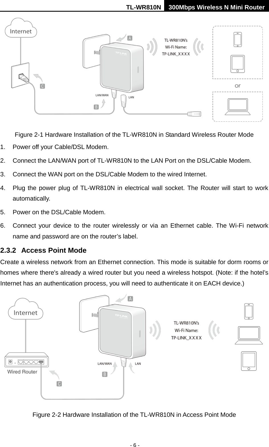 TL-WR810N 300Mbps Wireless N Mini Router  - 6 -  Figure 2-1 Hardware Installation of the TL-WR810N in Standard Wireless Router Mode 1. Power off your Cable/DSL Modem.   2. Connect the LAN/WAN port of TL-WR810N to the LAN Port on the DSL/Cable Modem. 3. Connect the WAN port on the DSL/Cable Modem to the wired Internet. 4. Plug the power plug of TL-WR810N in electrical wall socket. The Router will start to work automatically. 5. Power on the DSL/Cable Modem. 6. Connect your device to the router wirelessly or via an Ethernet cable. The Wi-Fi network name and password are on the router’s label. 2.3.2  Access Point Mode Create a wireless network from an Ethernet connection. This mode is suitable for dorm rooms or homes where there&apos;s already a wired router but you need a wireless hotspot. (Note: if the hotel’s Internet has an authentication process, you will need to authenticate it on EACH device.)  Figure 2-2 Hardware Installation of the TL-WR810N in Access Point Mode 