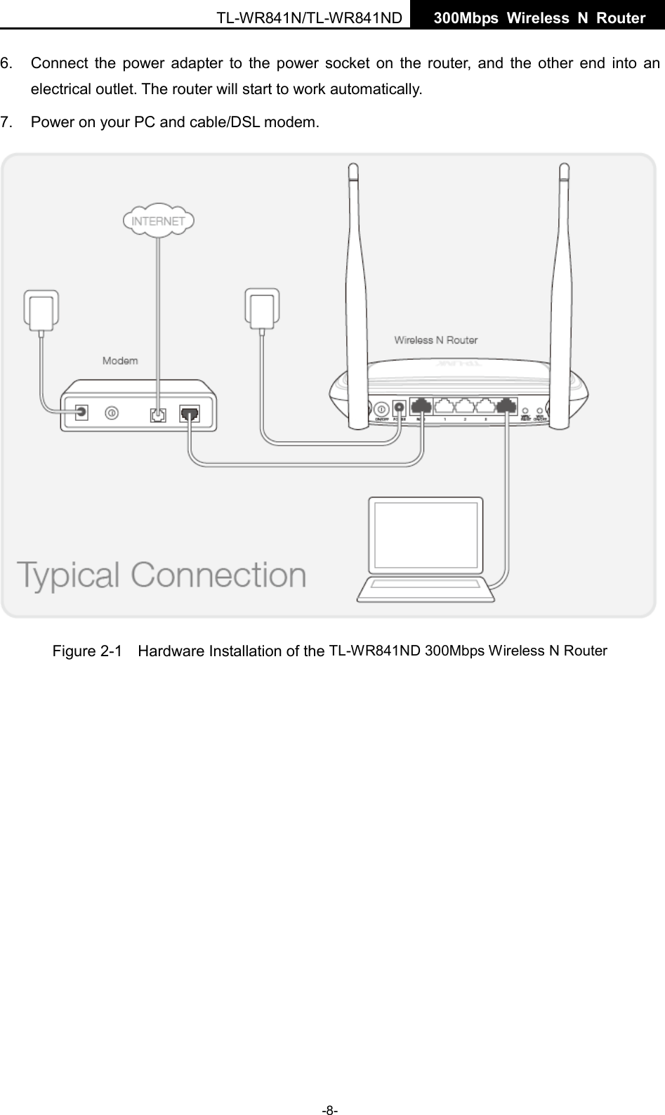  TL-WR841N/TL-WR841ND  300Mbps Wireless N  Router    6. Connect the power adapter to the power socket on the router, and the other end into an electrical outlet. The router will start to work automatically. 7. Power on your PC and cable/DSL modem.  Figure 2-1  Hardware Installation of the TL-WR841ND 300Mbps Wireless N Router -8- 