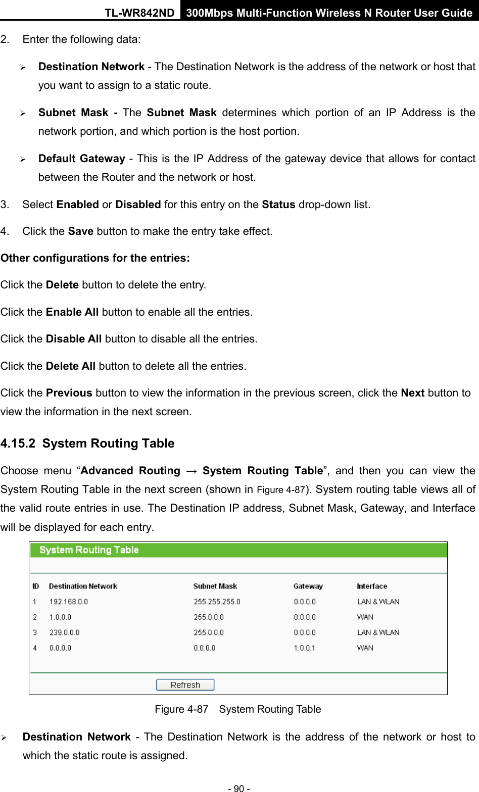 TL-WR842ND 300Mbps Multi-Function Wireless N Router User Guide  - 90 - 2. Enter the following data:  Destination Network - The Destination Network is the address of the network or host that you want to assign to a static route.  Subnet Mask - The  Subnet Mask determines which portion of an IP Address is the network portion, and which portion is the host portion.  Default Gateway - This is the IP Address of the gateway device that allows for contact between the Router and the network or host. 3. Select Enabled or Disabled for this entry on the Status drop-down list. 4. Click the Save button to make the entry take effect. Other configurations for the entries: Click the Delete button to delete the entry. Click the Enable All button to enable all the entries. Click the Disable All button to disable all the entries. Click the Delete All button to delete all the entries. Click the Previous button to view the information in the previous screen, click the Next button to view the information in the next screen. 4.15.2  System Routing Table Choose menu “Advanced Routing →  System Routing Table”,  and then you can view the System Routing Table in the next screen (shown in Figure 4-87). System routing table views all of the valid route entries in use. The Destination IP address, Subnet Mask, Gateway, and Interface will be displayed for each entry.  Figure 4-87  System Routing Table  Destination Network  -  The Destination Network is the address of the network or host to which the static route is assigned.   