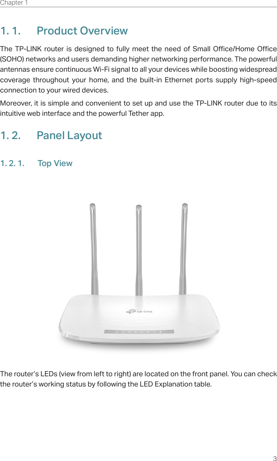 3Chapter 1  1. 1.  Product OverviewThe TP-LINK router is designed to fully meet the need of Small Office/Home Office (SOHO) networks and users demanding higher networking performance. The powerful antennas ensure continuous Wi-Fi signal to all your devices while boosting widespread coverage throughout your home, and the built-in Ethernet ports supply high-speed connection to your wired devices.Moreover, it is simple and convenient to set up and use the TP-LINK router due to its intuitive web interface and the powerful Tether app.1. 2.  Panel Layout1. 2. 1.  Top ViewThe router’s LEDs (view from left to right) are located on the front panel. You can check the router’s working status by following the LED Explanation table.