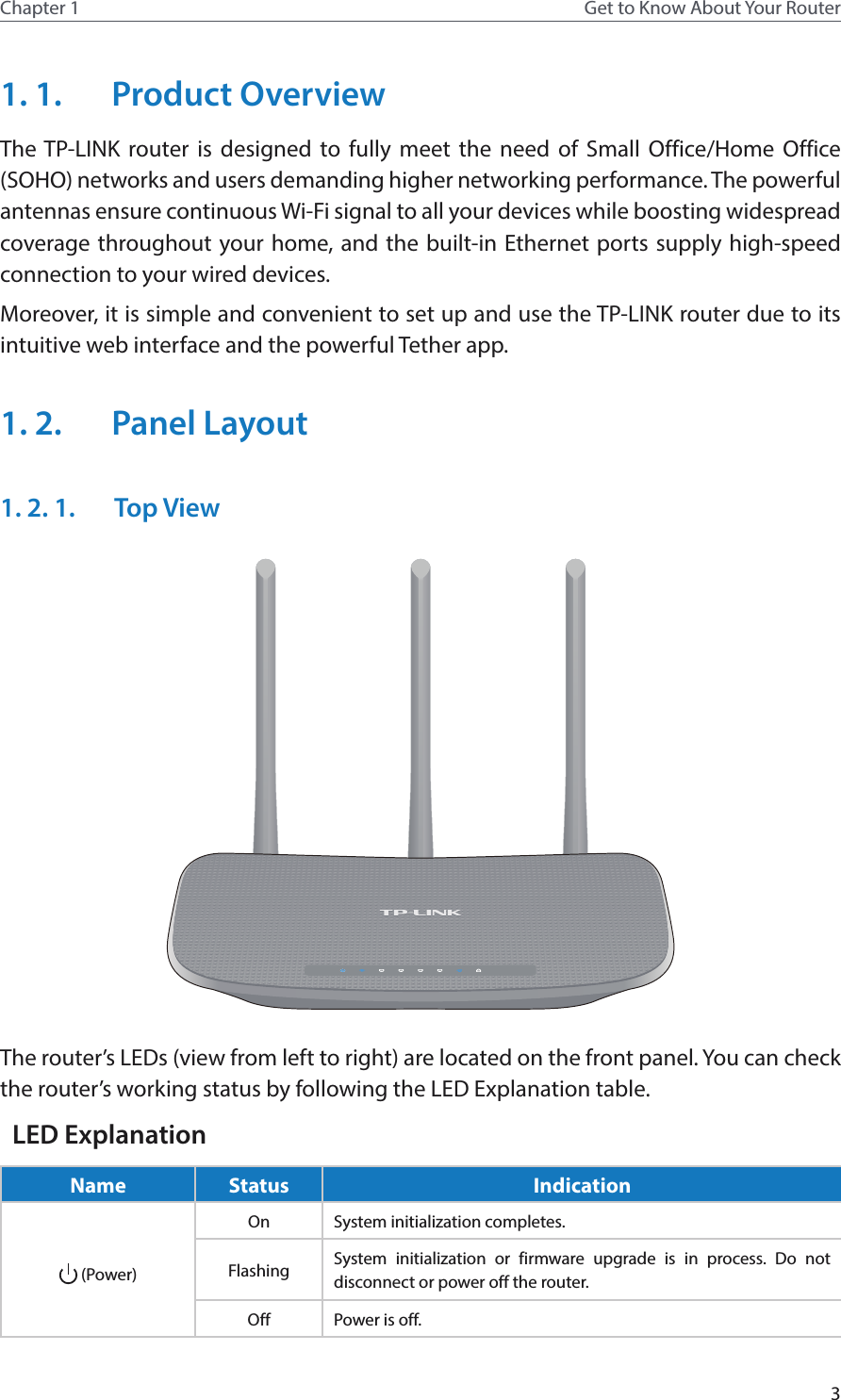 3Chapter 1 Get to Know About Your Router1. 1.  Product OverviewThe TP-LINK router is designed to fully meet the need of Small Office/Home Office (SOHO) networks and users demanding higher networking performance. The powerful antennas ensure continuous Wi-Fi signal to all your devices while boosting widespread coverage throughout your home, and the built-in Ethernet ports supply high-speed connection to your wired devices.Moreover, it is simple and convenient to set up and use the TP-LINK router due to its intuitive web interface and the powerful Tether app.1. 2.  Panel Layout1. 2. 1.  Top ViewThe router’s LEDs (view from left to right) are located on the front panel. You can check the router’s working status by following the LED Explanation table.LED ExplanationName Status Indication (Power)On System initialization completes.Flashing System initialization or firmware upgrade is in process. Do not disconnect or power off the router.Off Power is off.