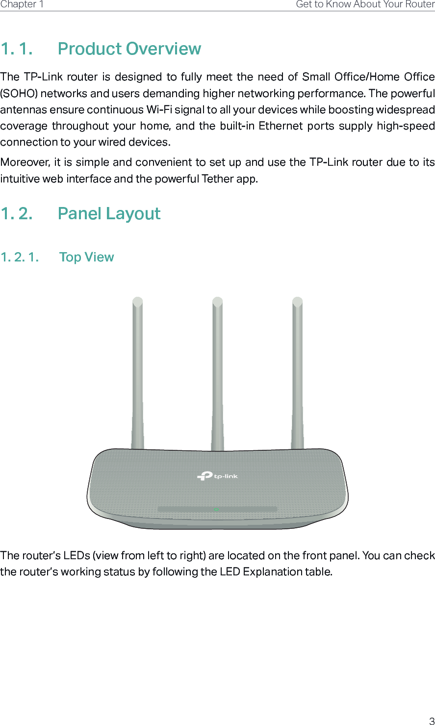 3Chapter 1 Get to Know About Your Router1. 1.  Product OverviewThe  TP-Link  router  is  designed  to  fully  meet  the  need  of  Small  Office/Home  Office (SOHO) networks and users demanding higher networking performance. The powerful antennas ensure continuous Wi-Fi signal to all your devices while boosting widespread coverage  throughout  your  home,  and  the  built-in  Ethernet  ports  supply  high-speed connection to your wired devices.Moreover, it is simple and convenient to set up and use the TP-Link router due to its intuitive web interface and the powerful Tether app.1. 2.  Panel Layout1. 2. 1.  Top ViewThe router’s LEDs (view from left to right) are located on the front panel. You can check the router’s working status by following the LED Explanation table.